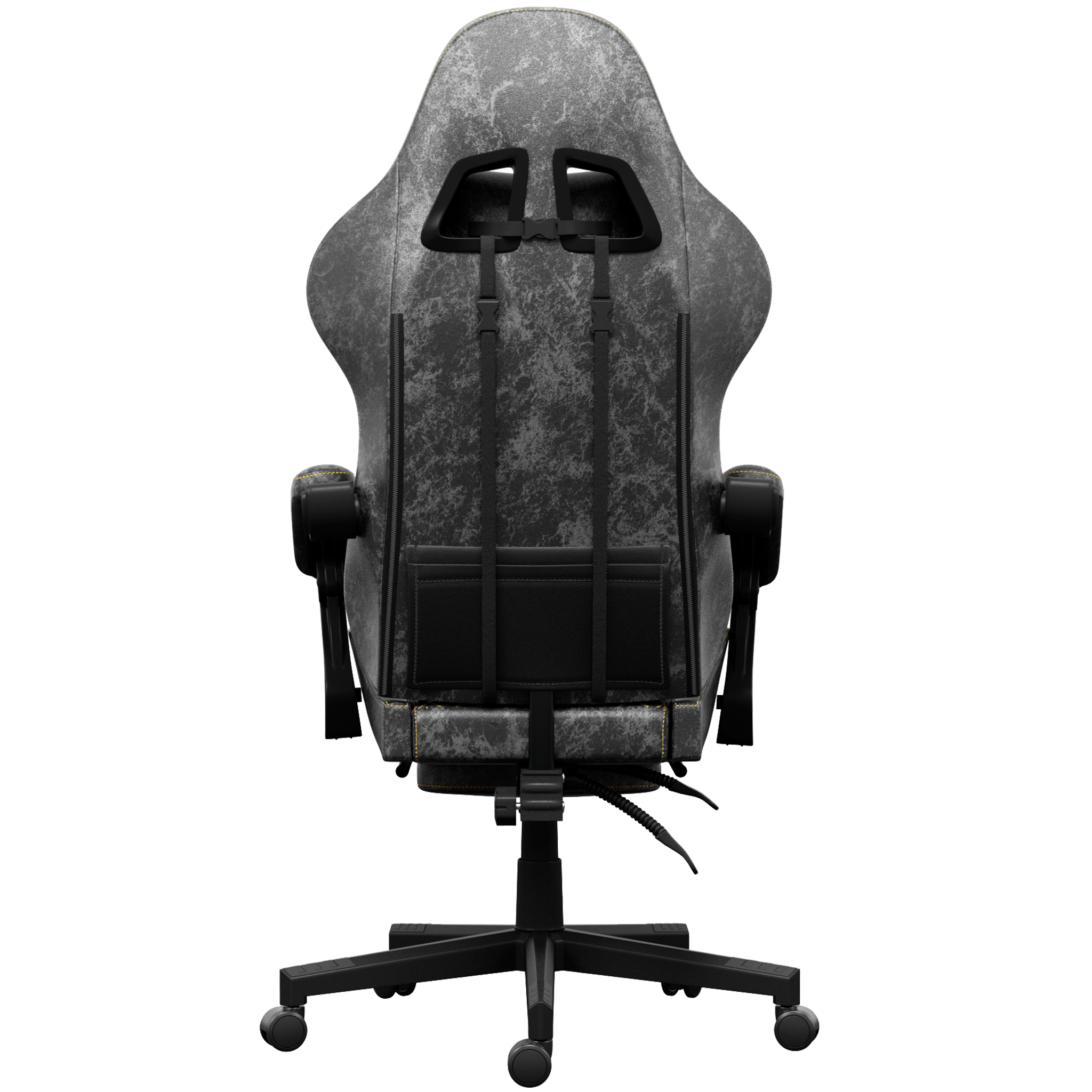 Gamingstoel, achteraanzicht. Zwart frame, grijze getextureerde rugleuning en zitting, zwarte armleuningen.