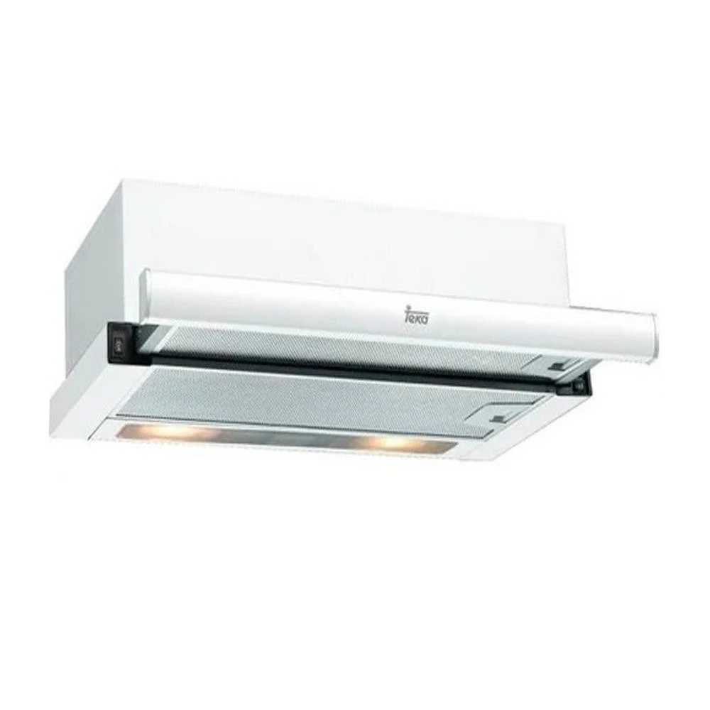 Campana de cocina blanca con logo Teka. Tiene filtro y luces. El diseño es moderno.