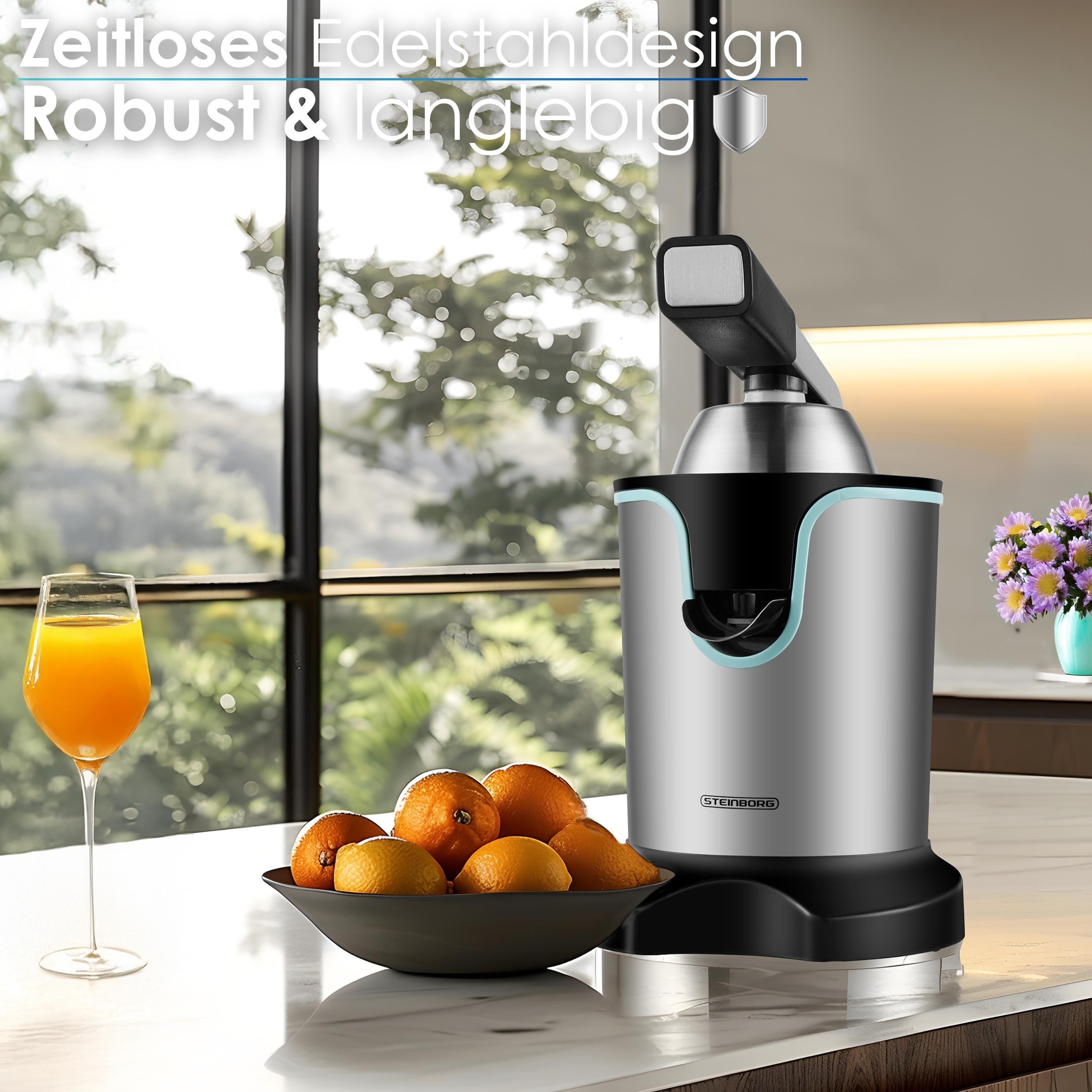 Edelstahl-Entsafter auf einer Theke, Orangen in einer Schüssel, ein Glas Saft und ein Fenster im Hintergrund.