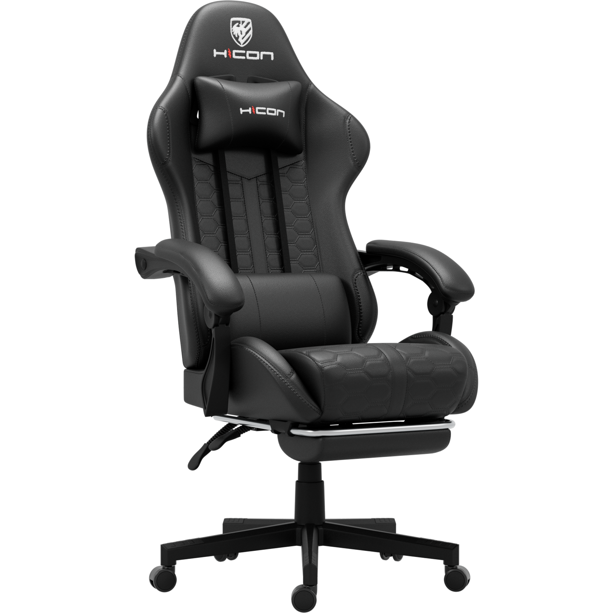 Een zwarte gamingstoel met H con logo, armleuningen en een beensteun. Hij heeft een vijfsterrenvoet met wielen.