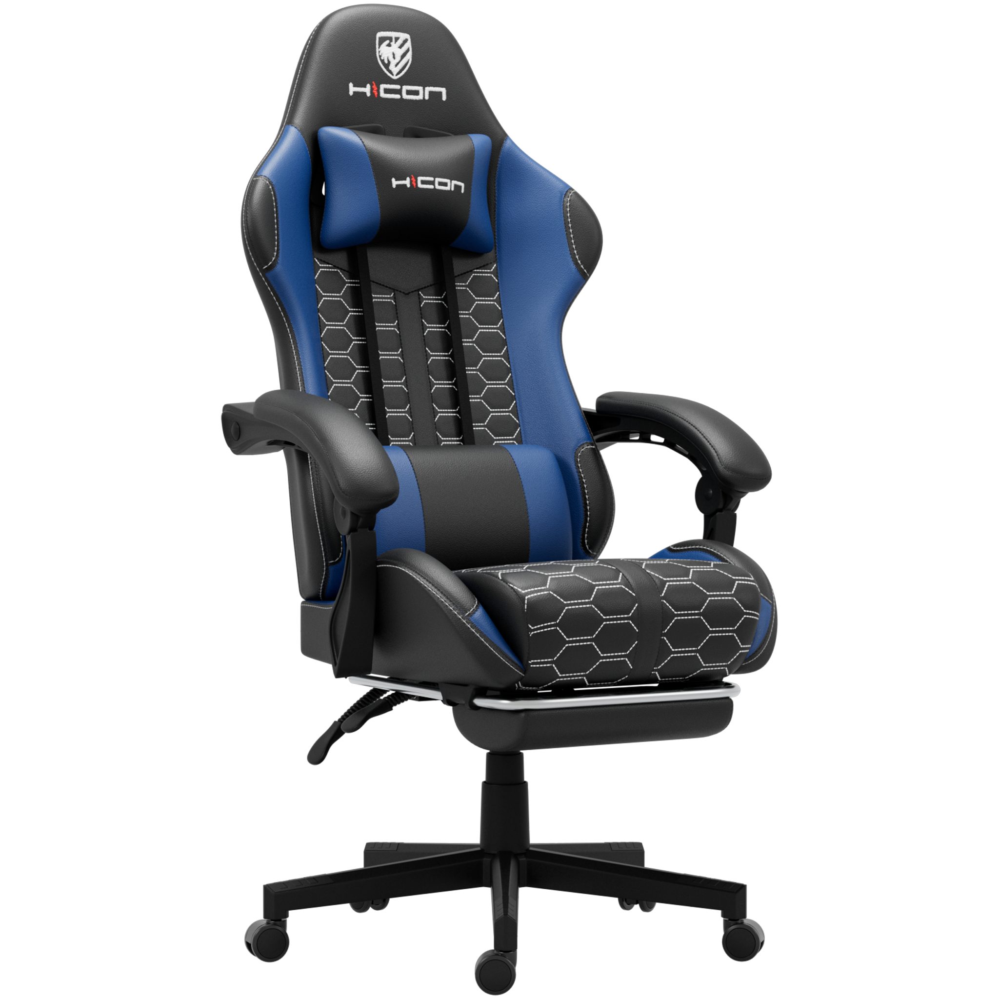 Chaise gaming noire et bleue, avec surpiqûres blanches et logo H Con. Accoudoirs, appui-tête et roulettes.