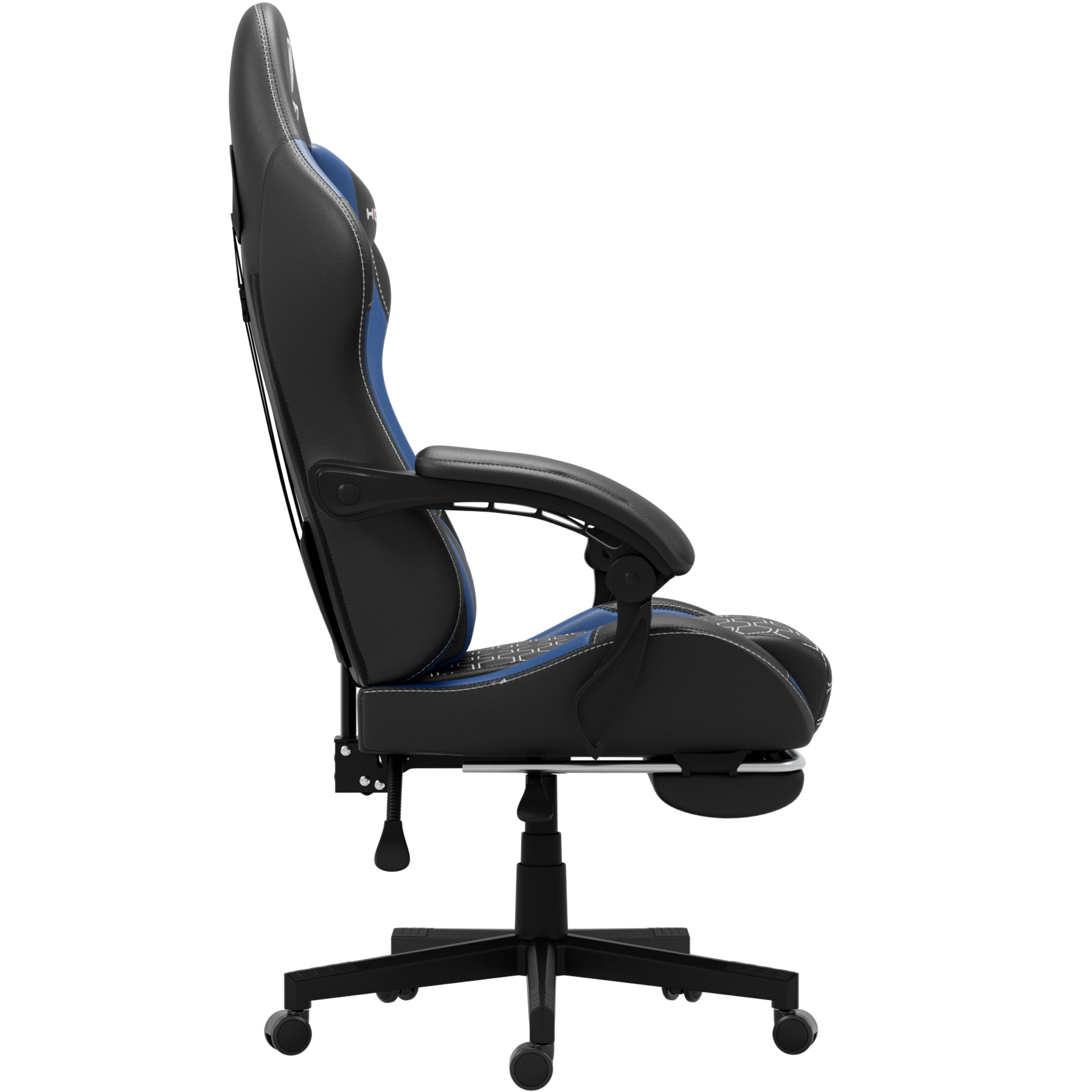 Chaise gaming noire avec accents bleus et coutures blanches. Accoudoirs, hauteur réglable et base à cinq roulettes.