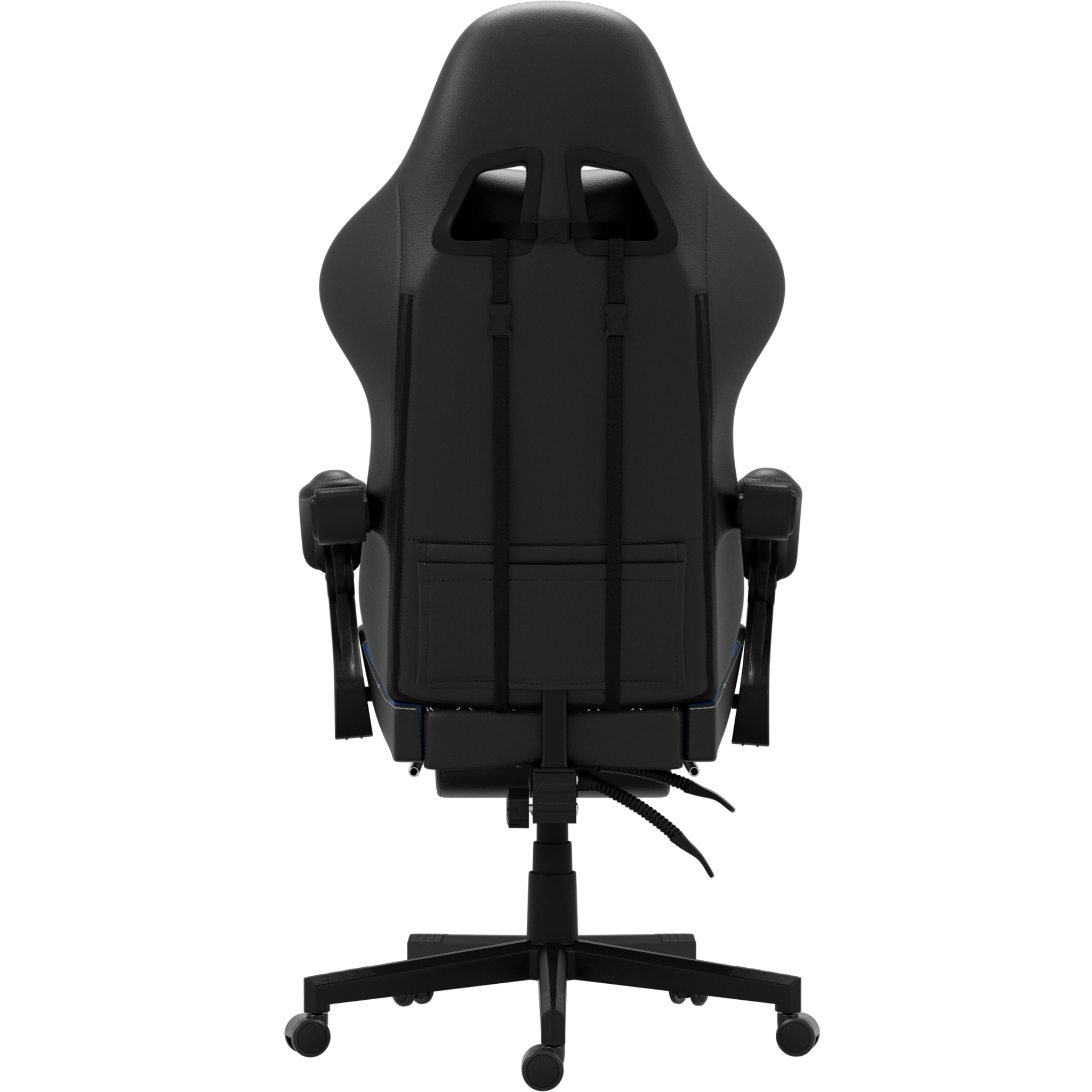 Vue arrière d'une chaise de jeu noire. Elle a un dossier haut, des accoudoirs et une base à cinq étoiles avec des roues. Fond noir.