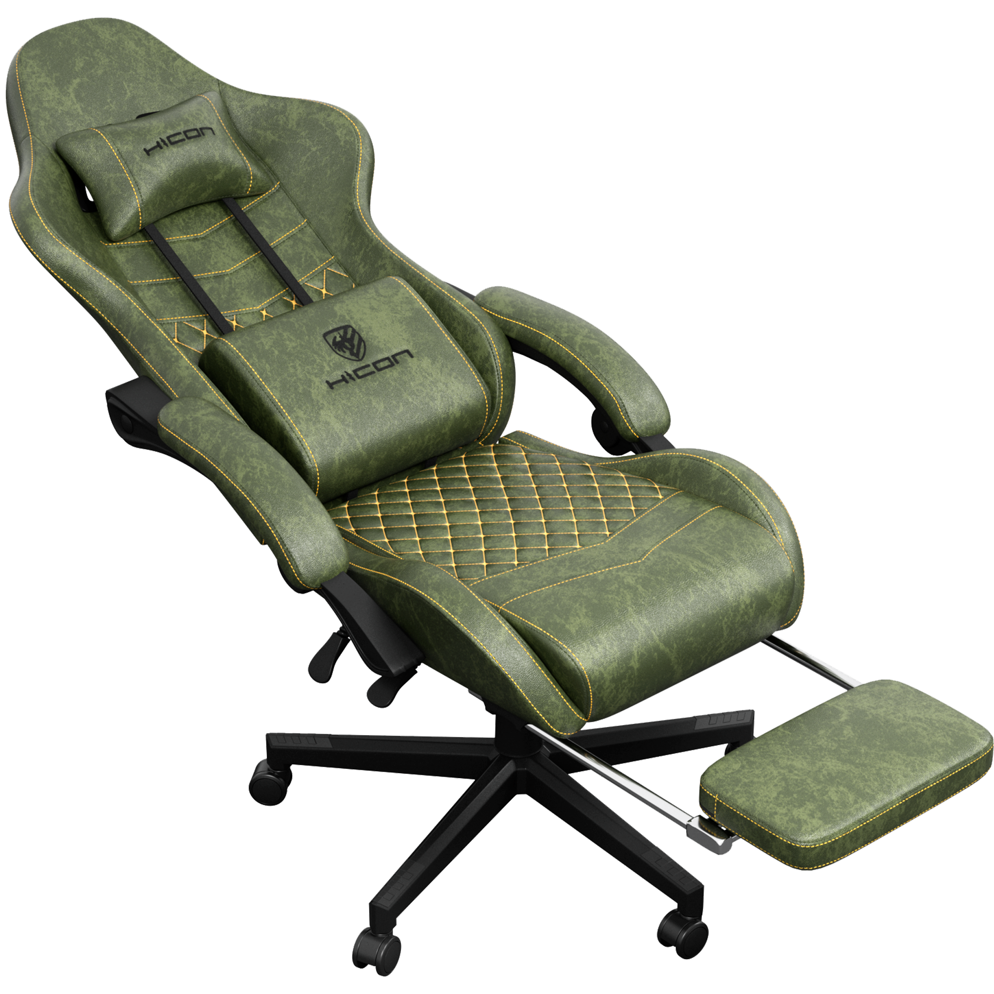 Chaise de jeu verte et noire avec repose-pieds. Elle a des coutures jaunes et un logo sur l'appui-tête et le support lombaire.