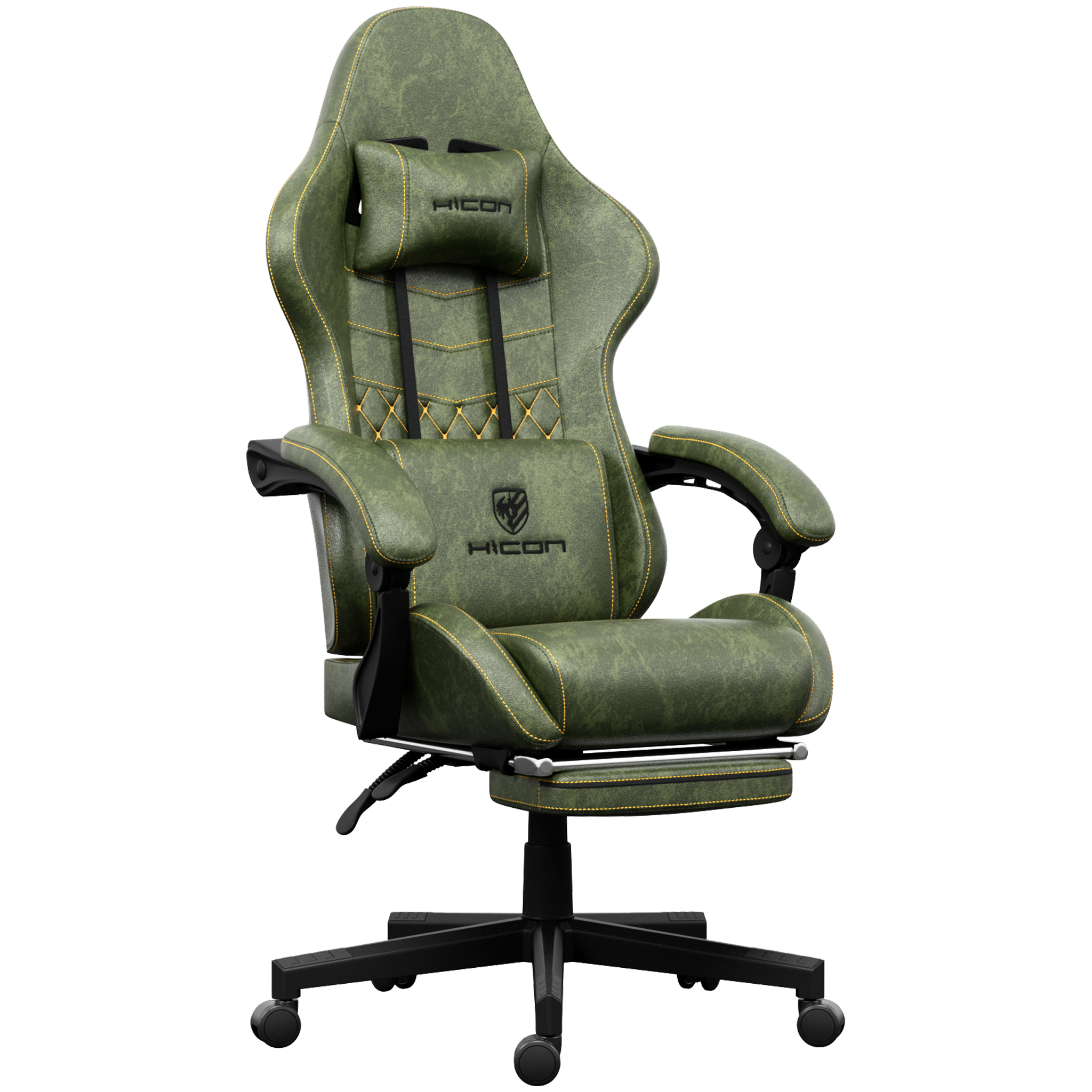 Chaise de jeu en cuir vert avec surpiqûres jaunes. Elle est dotée d'un appuie-tête, d'accoudoirs et d'un repose-pieds. La chaise est sur un socle noir.