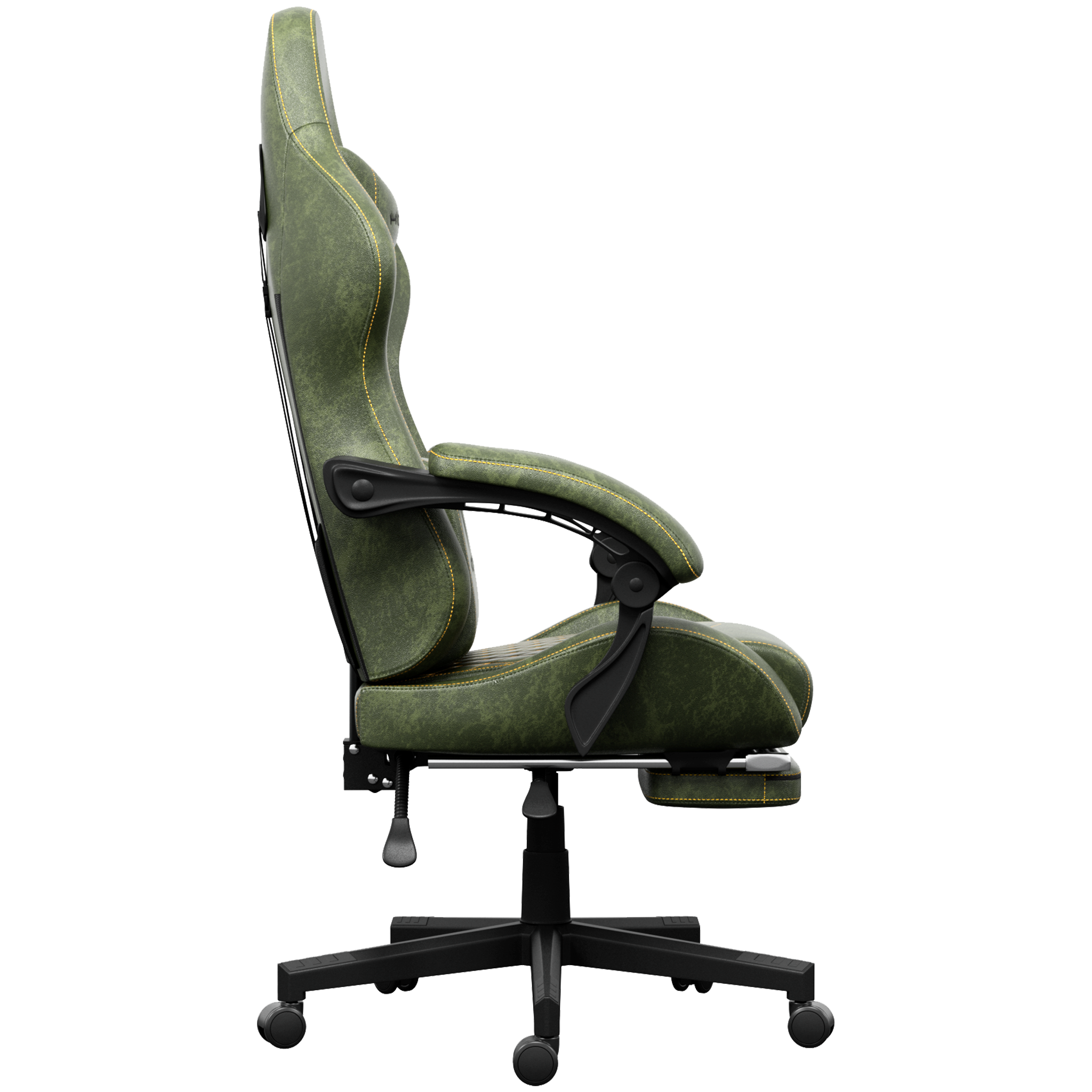 Chaise de jeu en cuir vert avec surpiqûres jaunes. Accoudoirs et base noirs avec roues. Vue latérale.