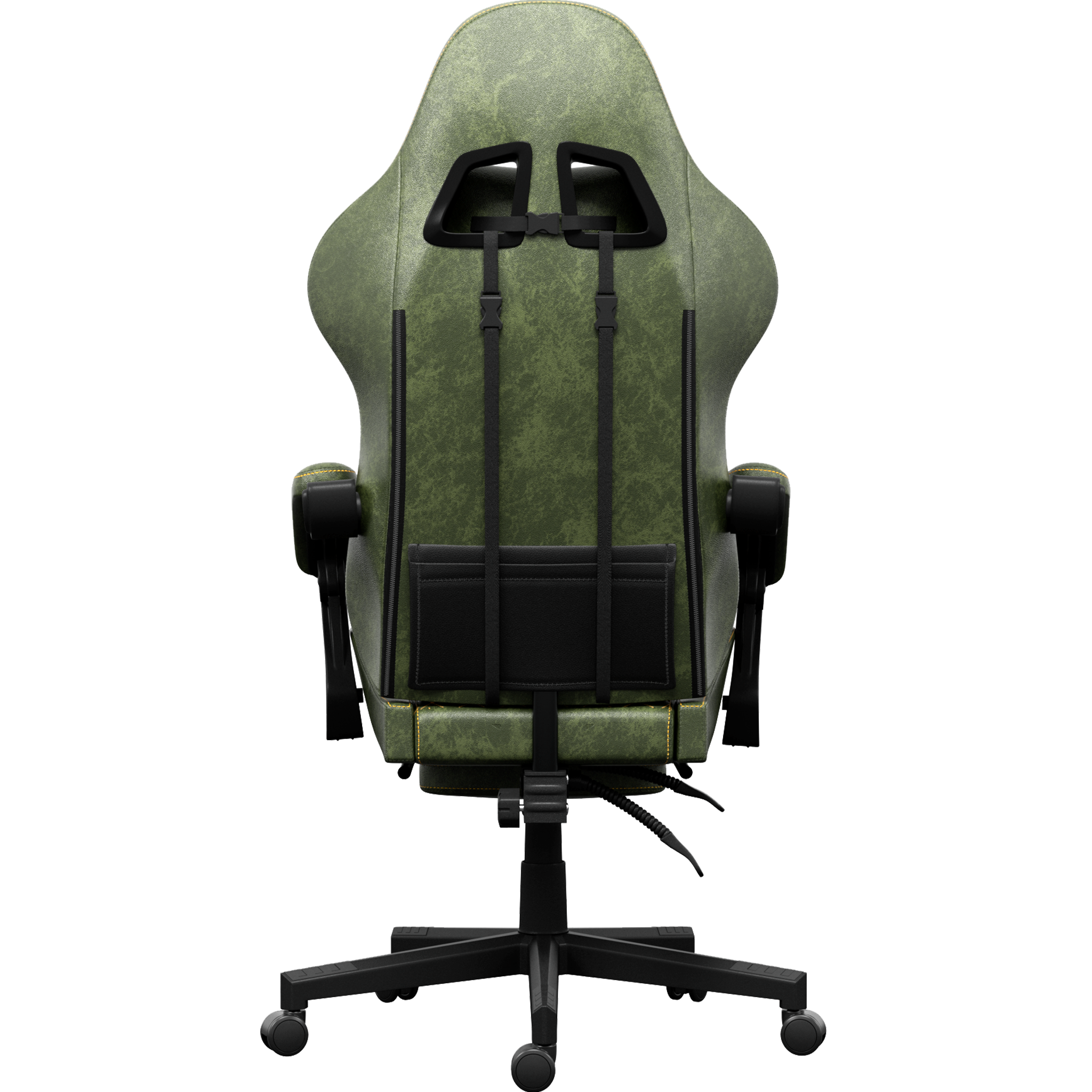 Chaise de jeu verte et noire sur fond blanc. Elle a un haut dossier avec des sangles et des accoudoirs noirs. La base est noire avec des roulettes.