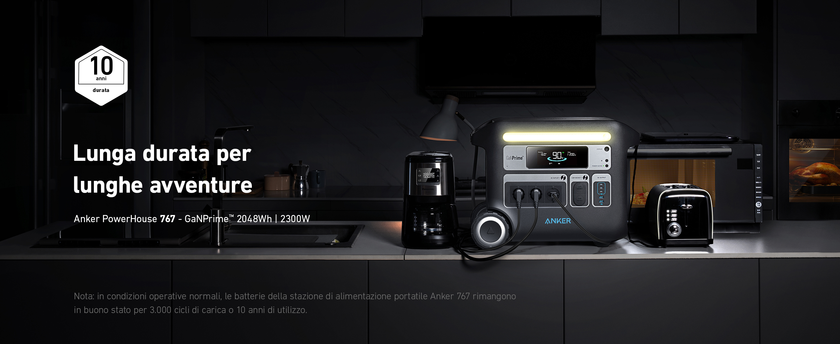 Scena kuchenna z Anker PowerHouse, ekspresem do kawy, tosterem, kuchenką mikrofalową i piekarnikiem. Czarne urządzenia.