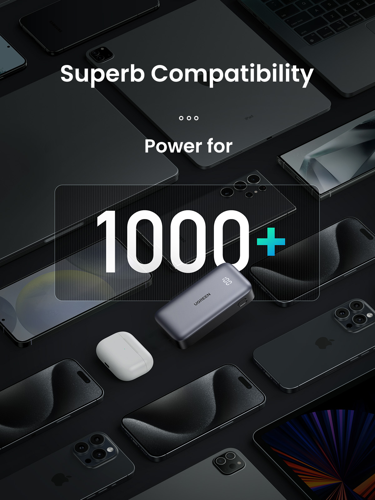 Obraz przedstawia różne smartfony, tablety i power bank. Tekst na obrazie: Superb Compatibility, Power for 1000+.