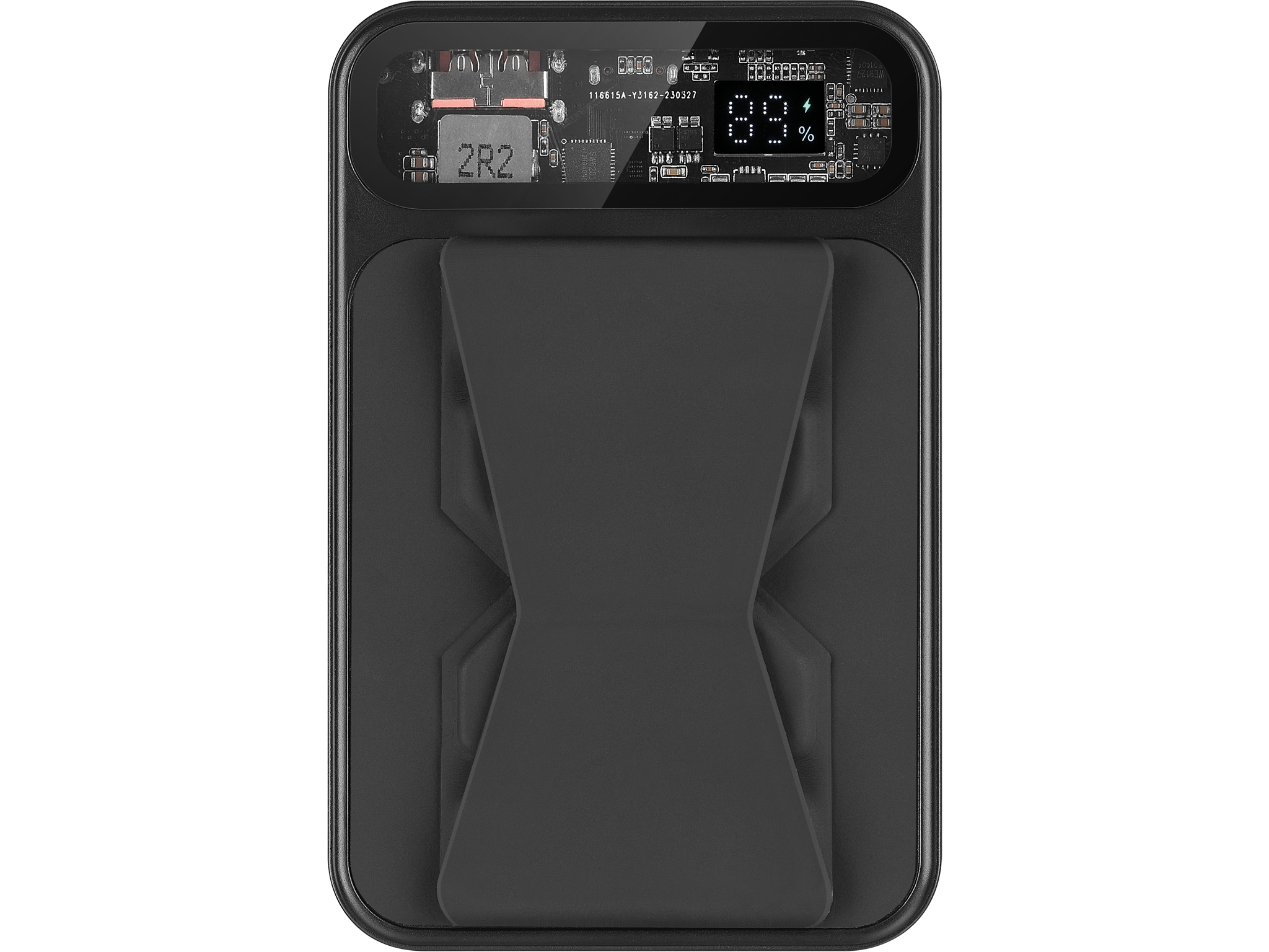 Batterie externe noire avec affichage numérique du pourcentage de batterie. Elle possède un support intégré et des composants électroniques.