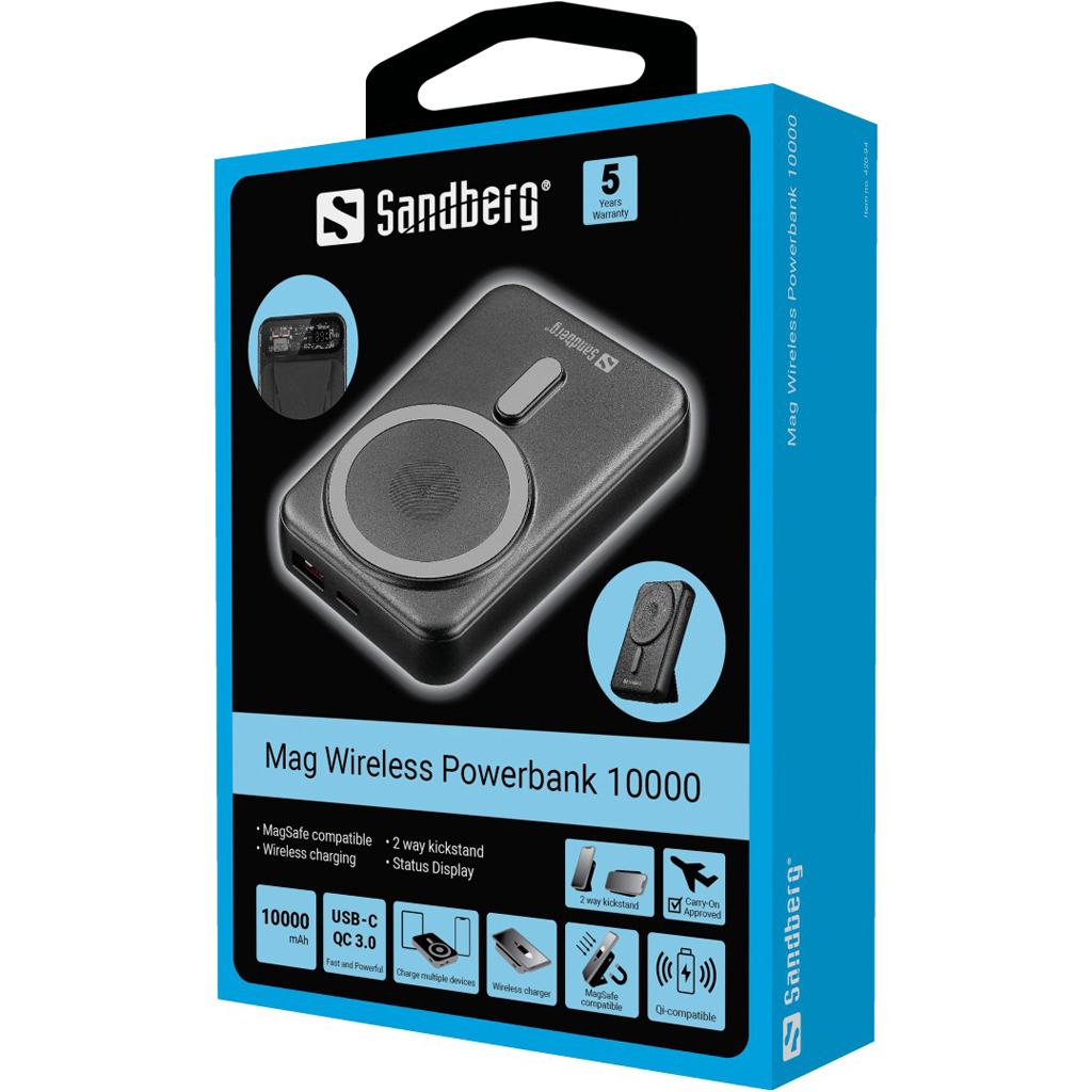 La boîte montre un Sandberg Mag Wireless Powerbank 10000 noir. Les caractéristiques incluent MagSafe, le chargement sans fil et un support 2 voies.