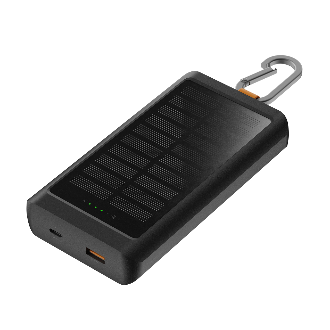 Un power bank solare nero con moschettone argentato. Ha un pannello solare in alto e una porta USB arancione.
