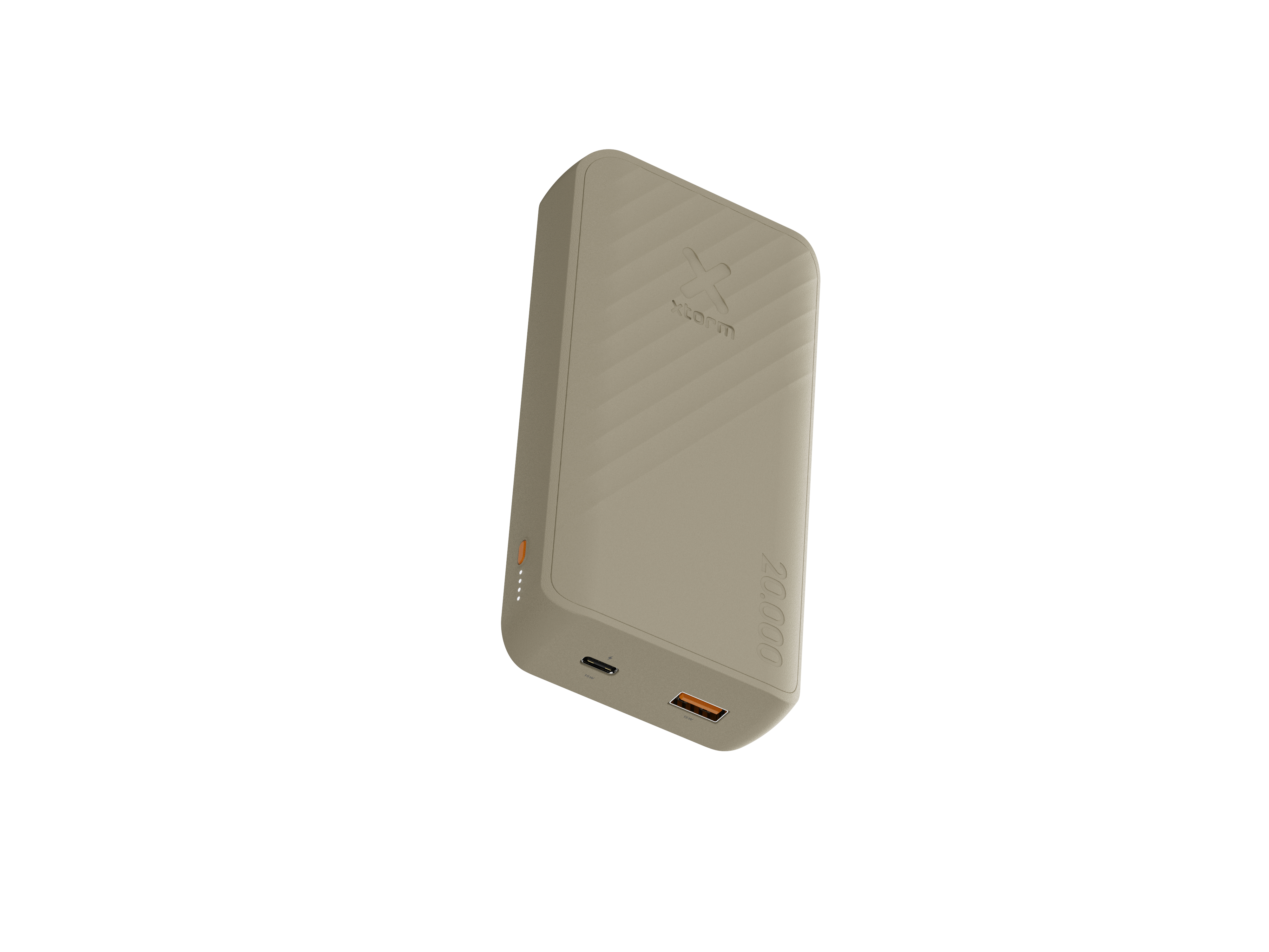 Eine beige rechteckige Powerbank mit dem Markennamen 'x-storm' und der Kapazität '20.000' aufgedruckt. Sie schwebt vor weißem Hintergrund.