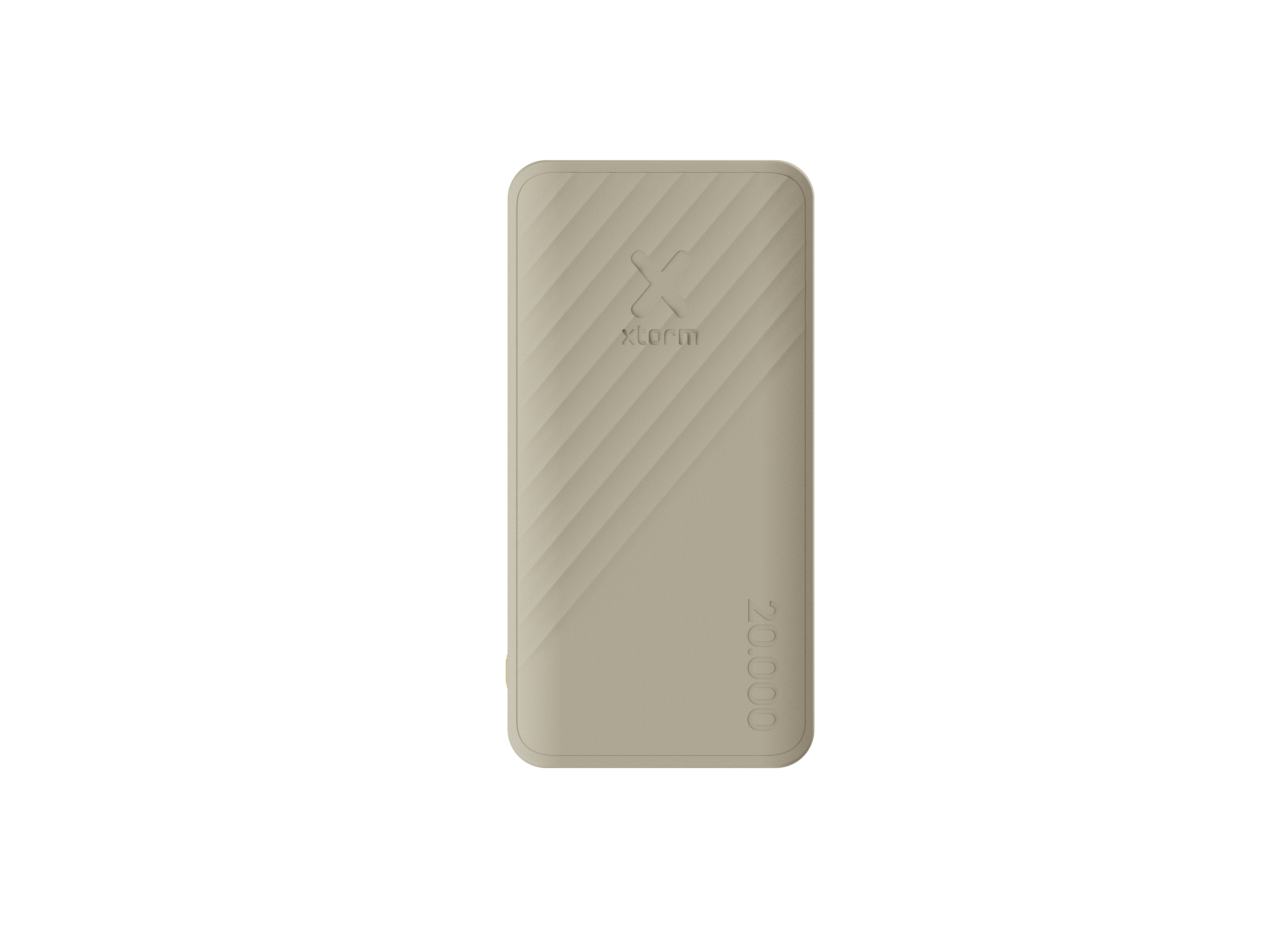Eine beige Powerbank mit dem 'x'-Logo und dem Text 'xorm'. Die Kapazität beträgt 20.000. Sie hat diagonale Linien.