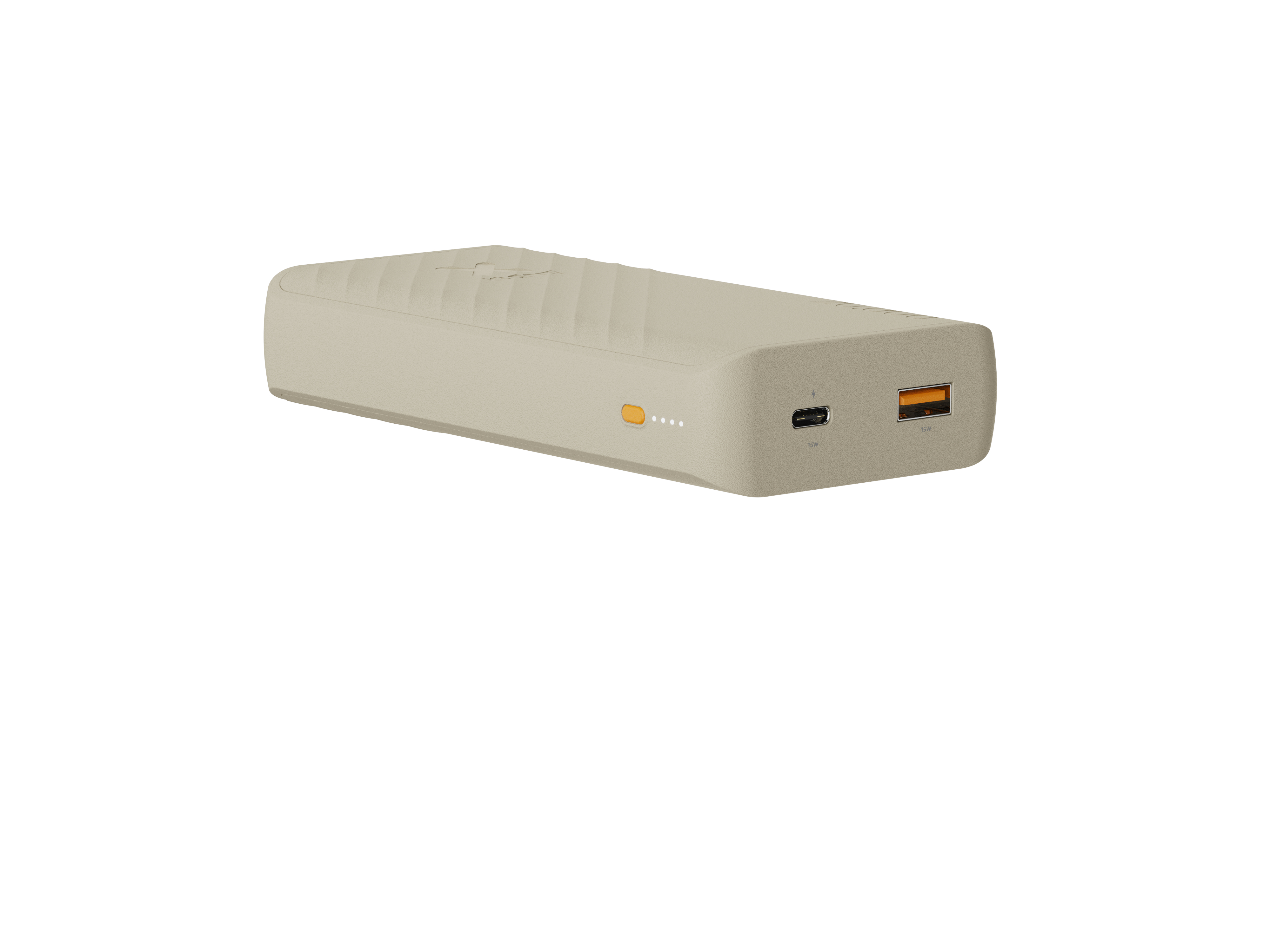 Eine beige Powerbank auf weißem Hintergrund. Es hat orange und graue Anschlüsse und einen orangefarbenen Einschaltknopf.