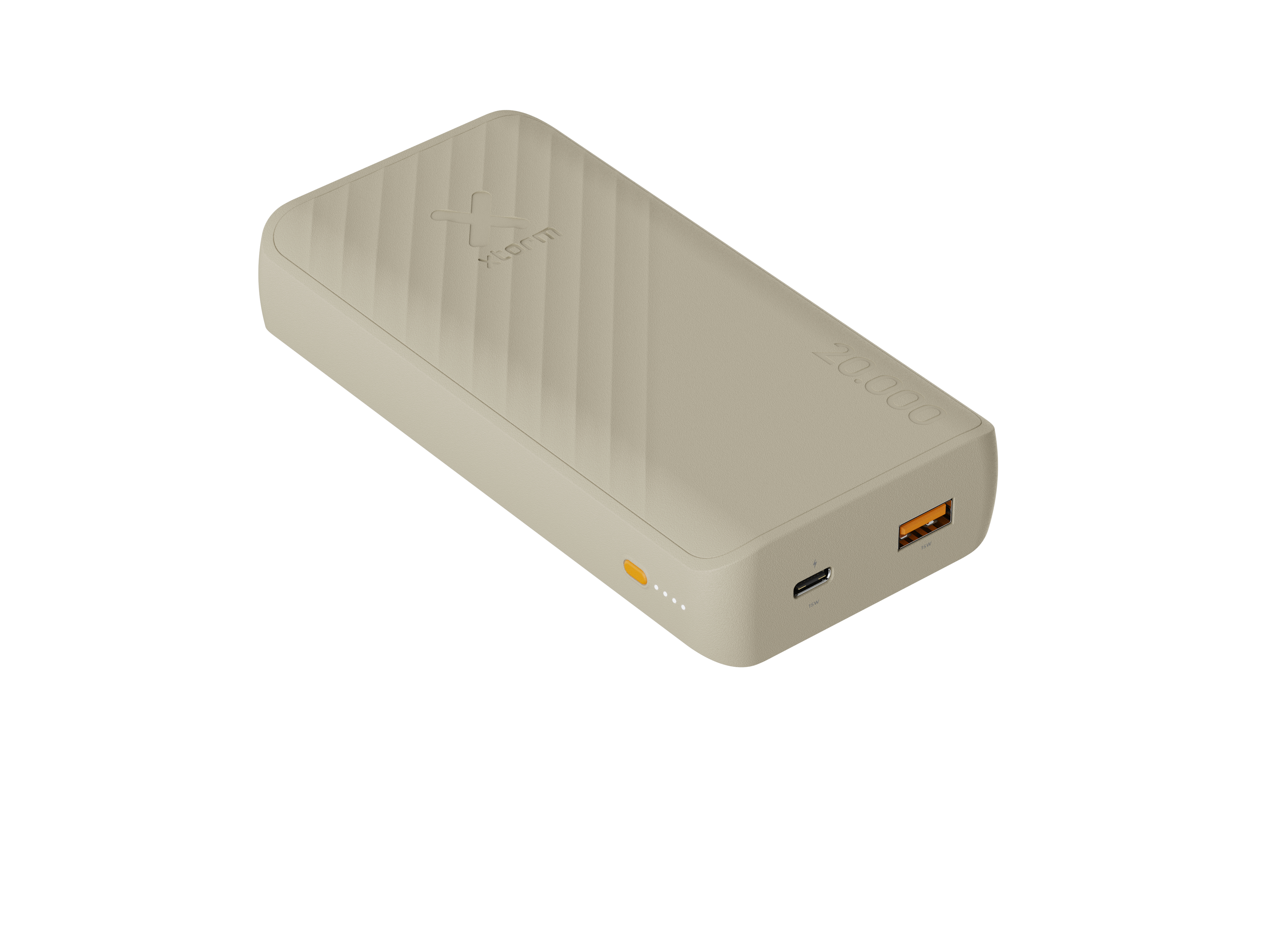 Eine beige Powerbank mit dem 'Xstorm'-Logo. Sie hat Anschlüsse, eine Leistungsanzeige und '20.000' aufgedruckt.