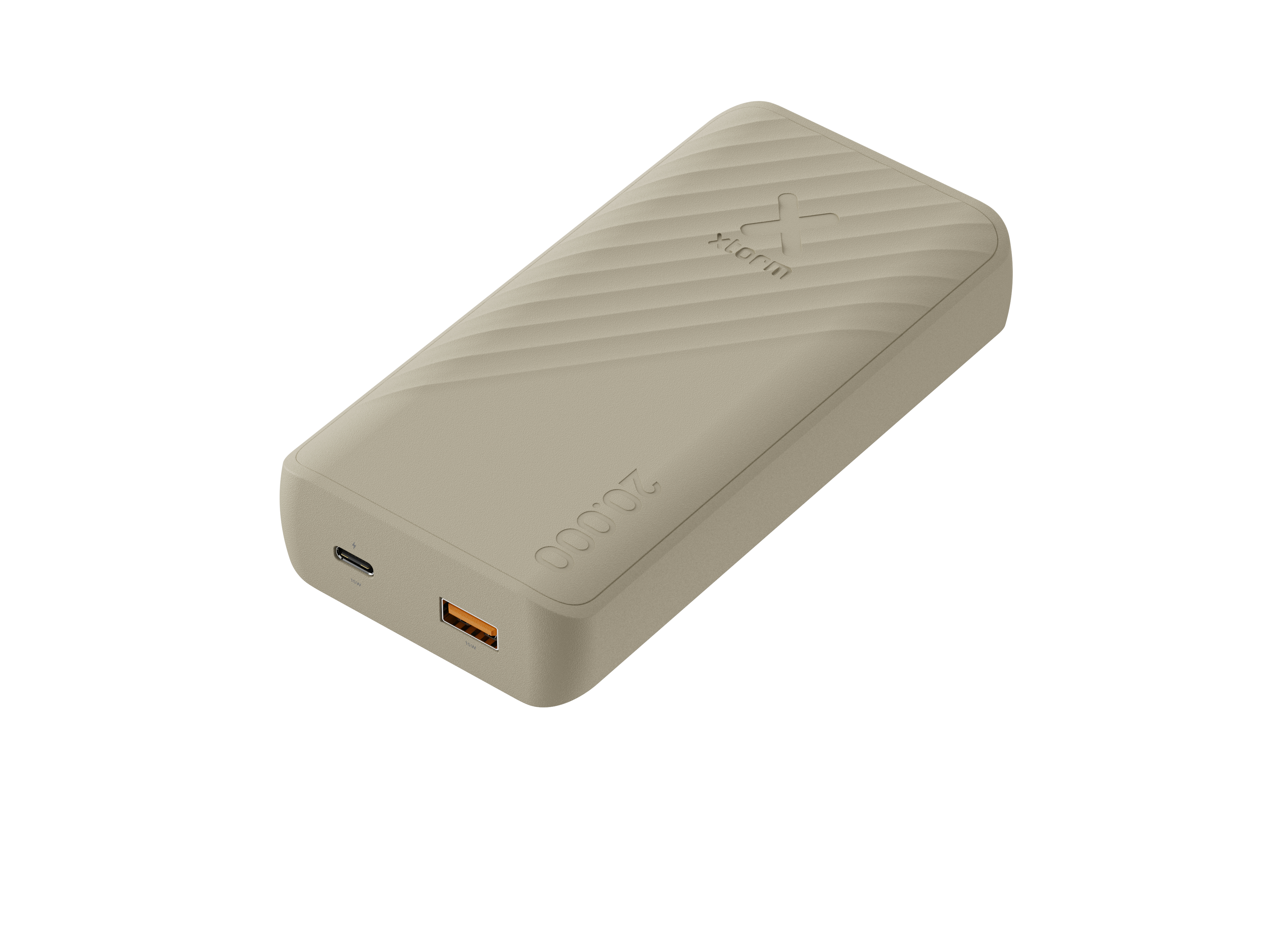 Eine beige Powerbank mit dem Markennamen 'Xtorin' auf weißem Hintergrund und USB-Anschlüssen.