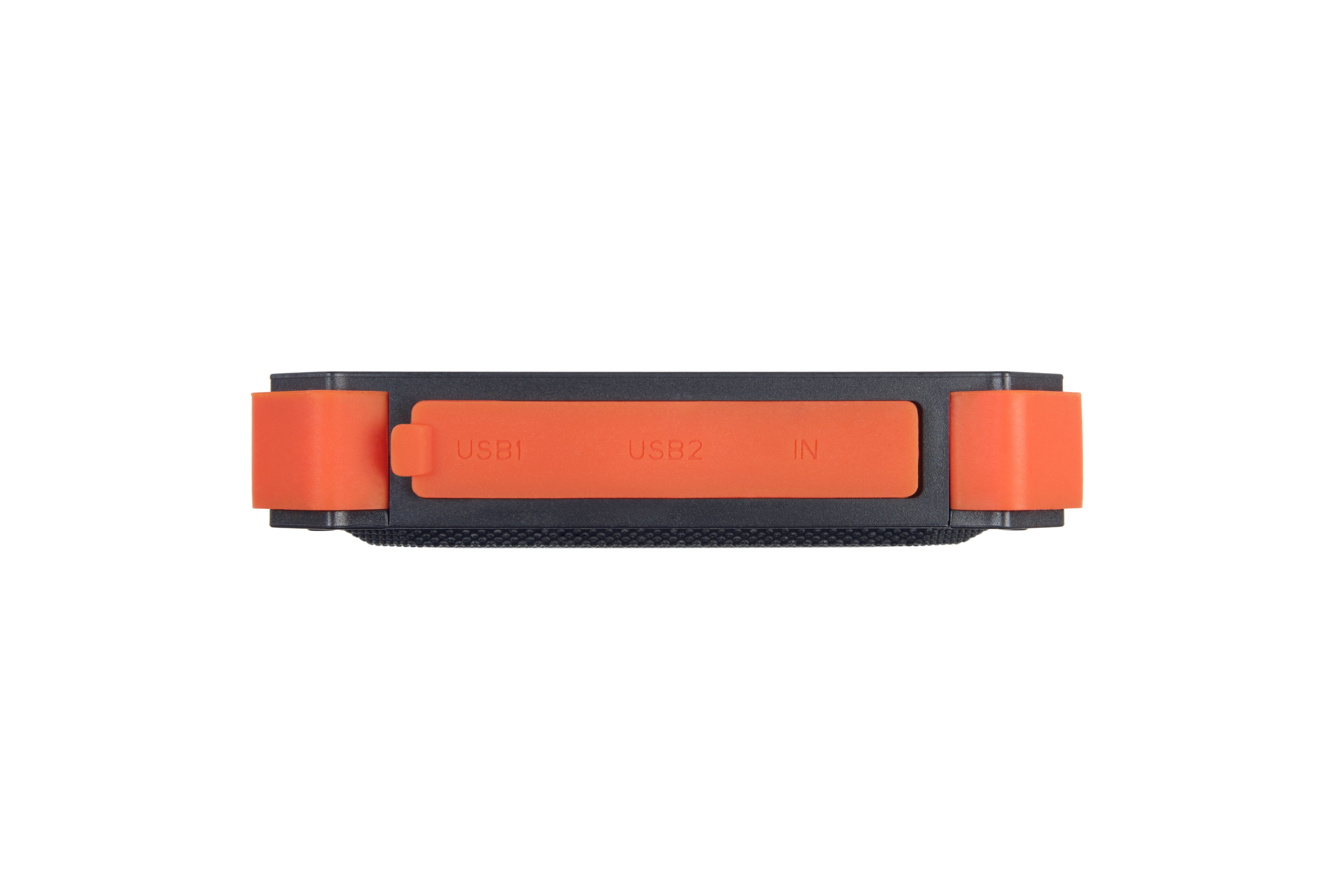 Un dispositivo rettangolare con colori arancione e nero. Ha porte USB1, USB2 e IN. Linguette arancioni sui lati.