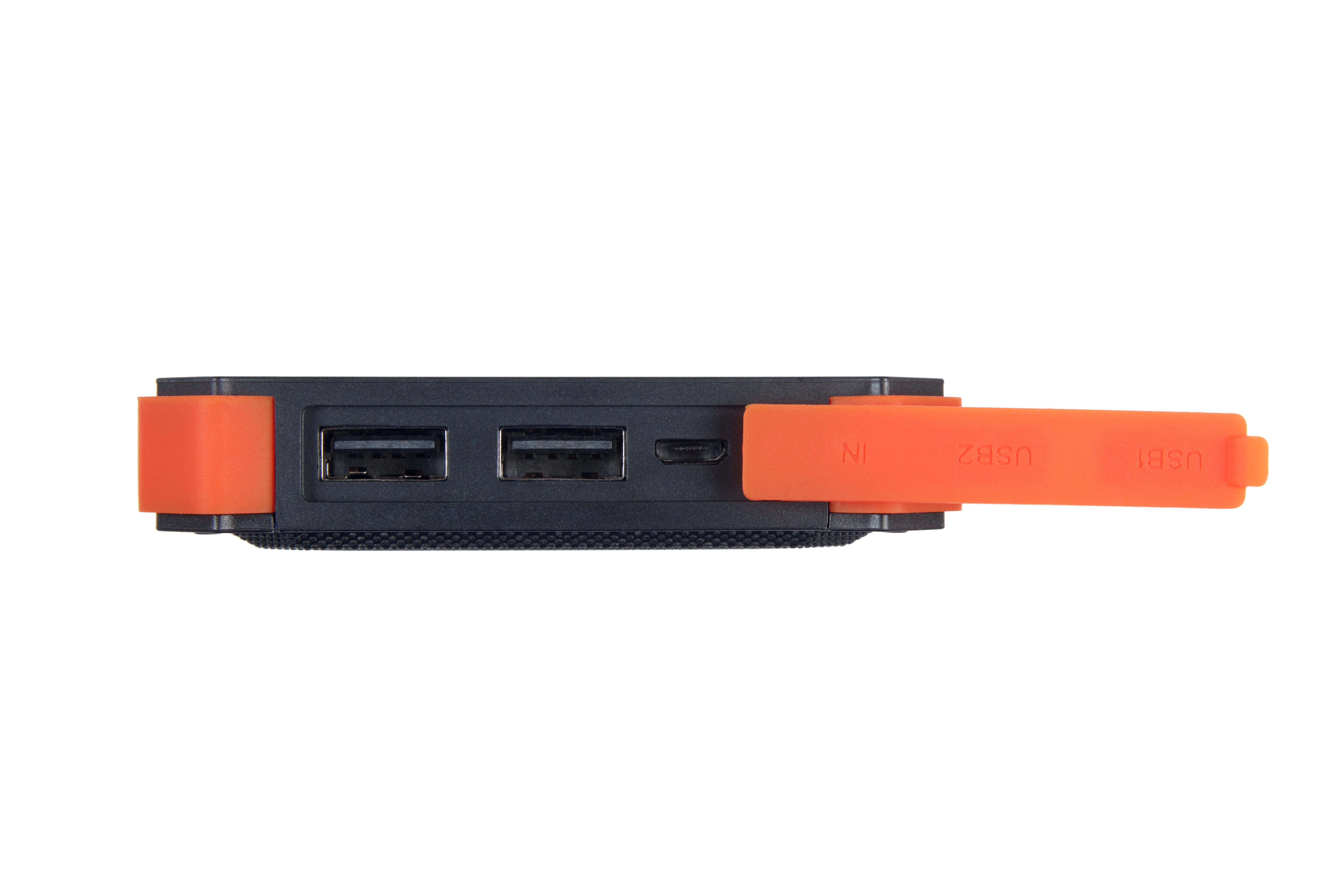 Power bank nero e arancione. Due porte USB e una copertura USB arancione.