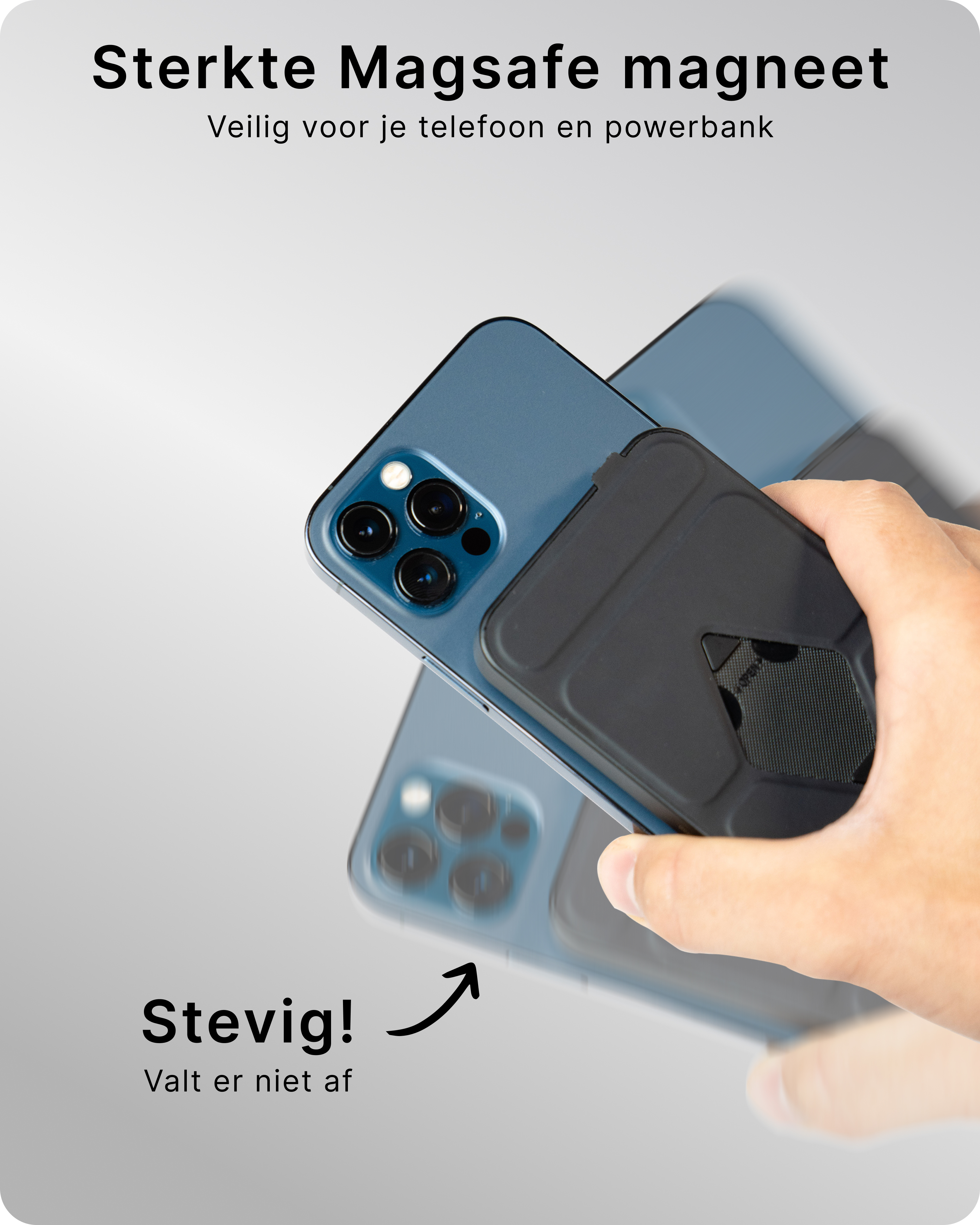 Ein Telefon mit schwarzem Zubehör. Text erwähnt starken Magneten, Sicherheit für Telefon und Sicherung.