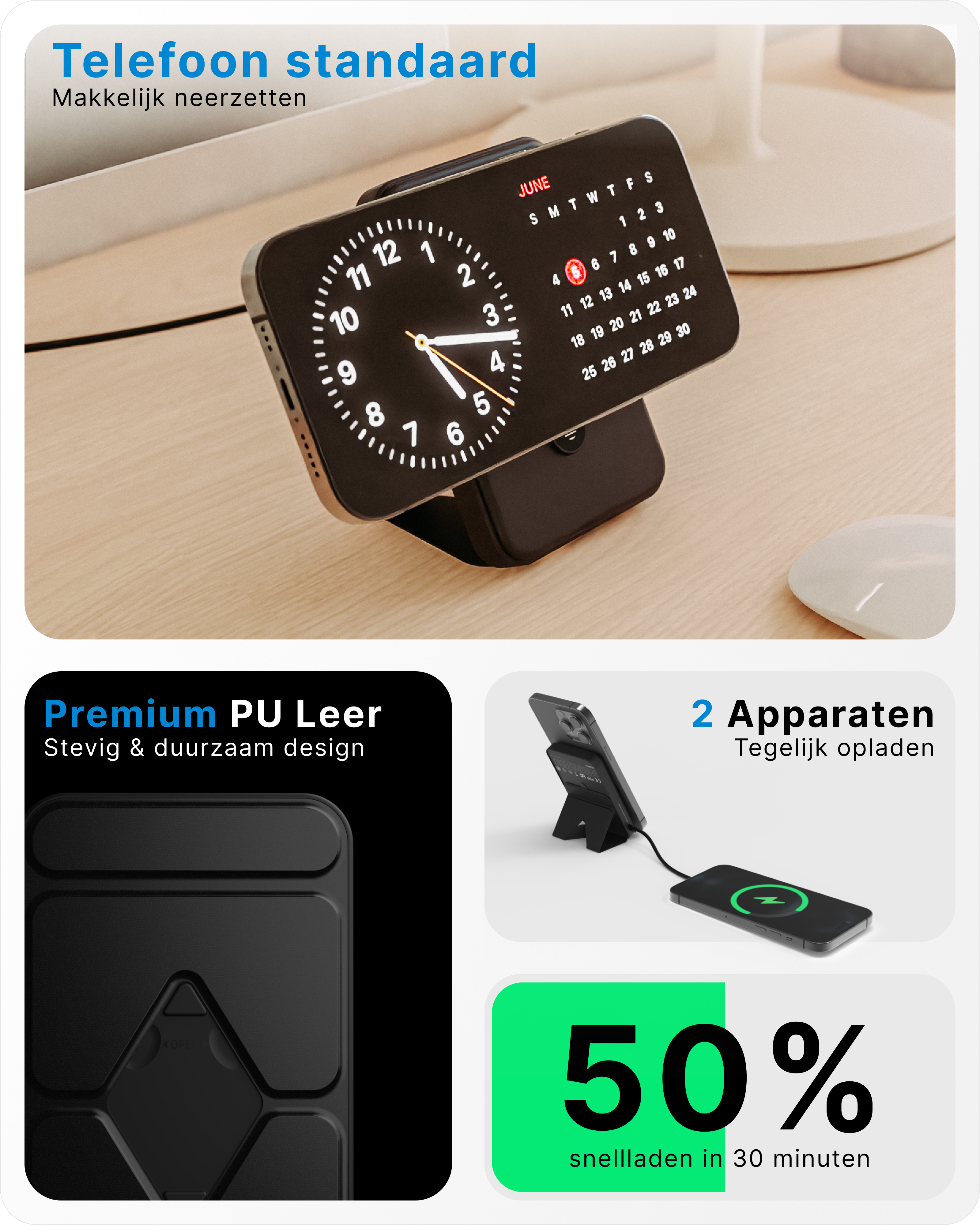 Ein Telefon-Ladeständer mit Uhranzeige, ein weiteres Telefon wird geladen und ein schwarzer Ständer.