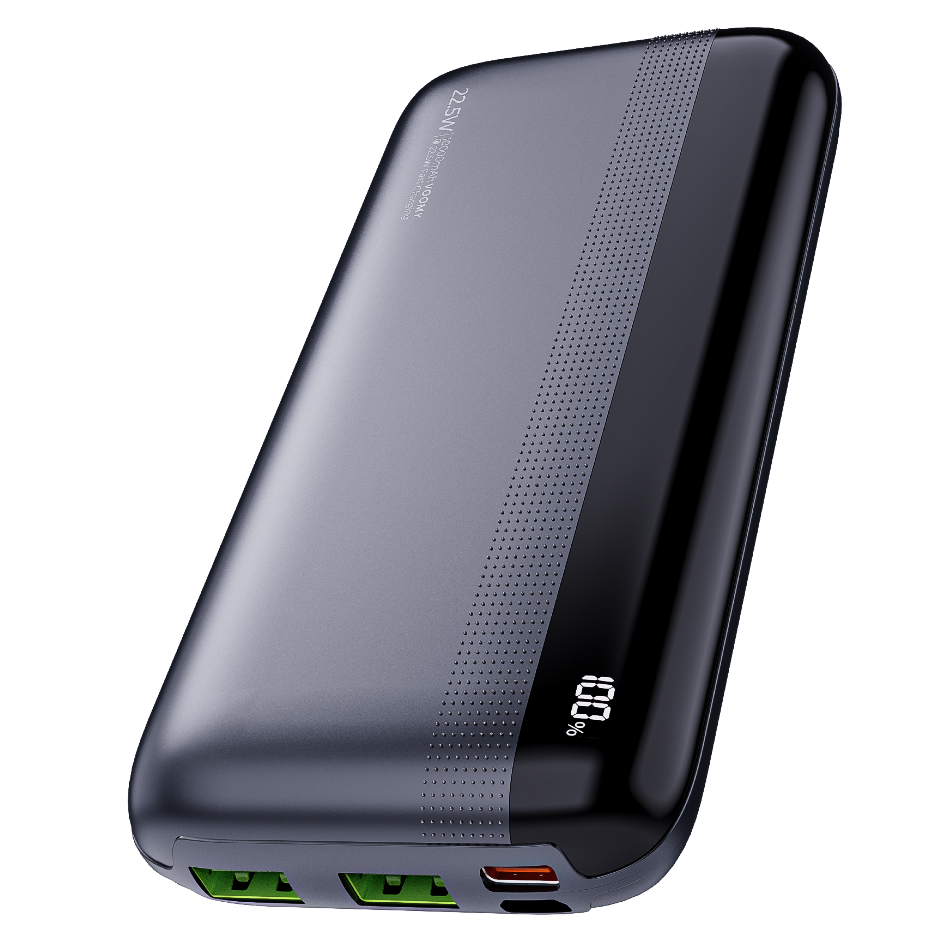 Eine schwarze und graue Powerbank mit digitaler Anzeige, die 100 % anzeigt. Sie hat grüne und rote Anschlüsse.