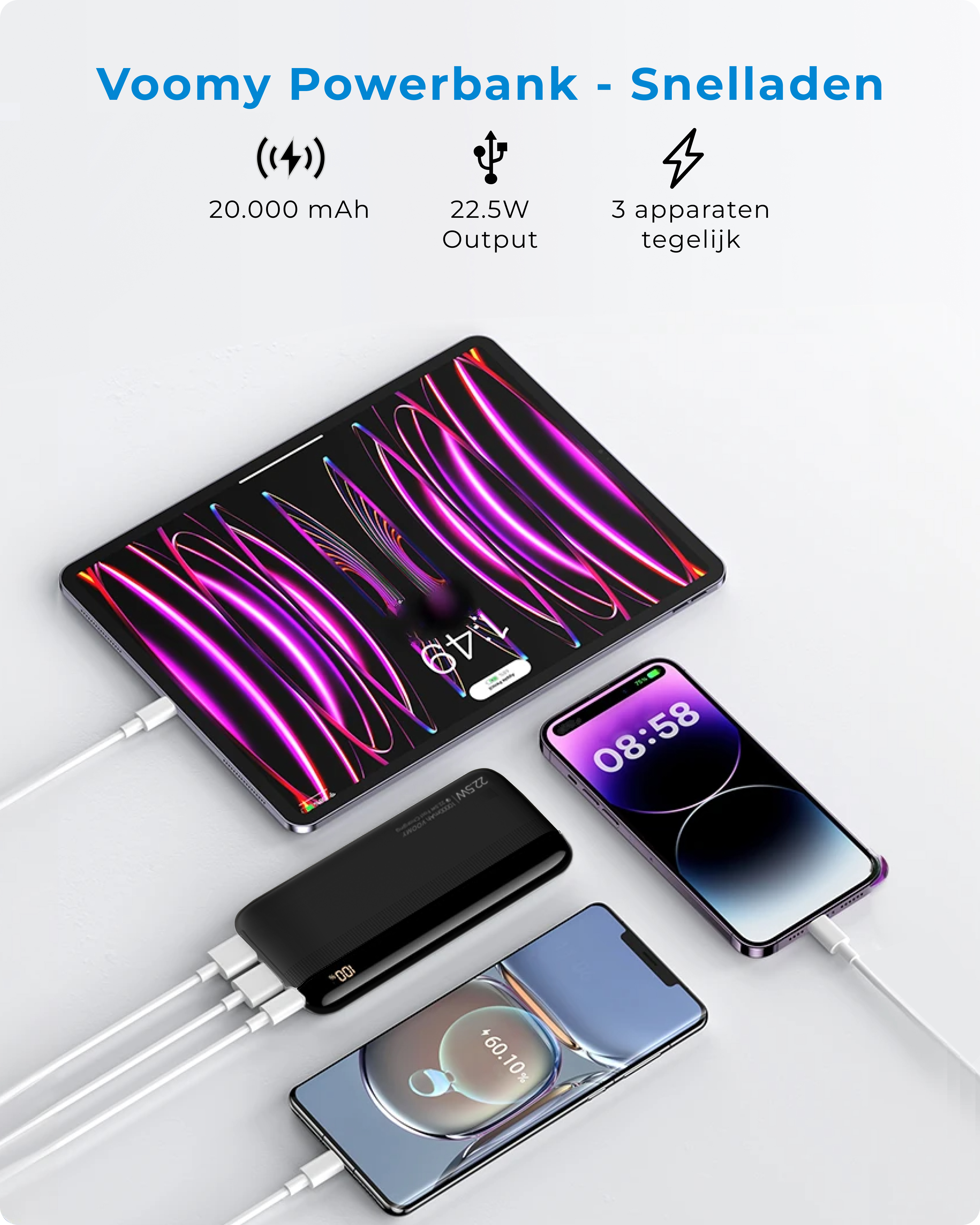 Eine Powerbank lädt drei Geräte: Tablet und zwei Telefone. Das Tablet zeigt 1:49, ein Telefon 08:58 und das andere 60,10 %.