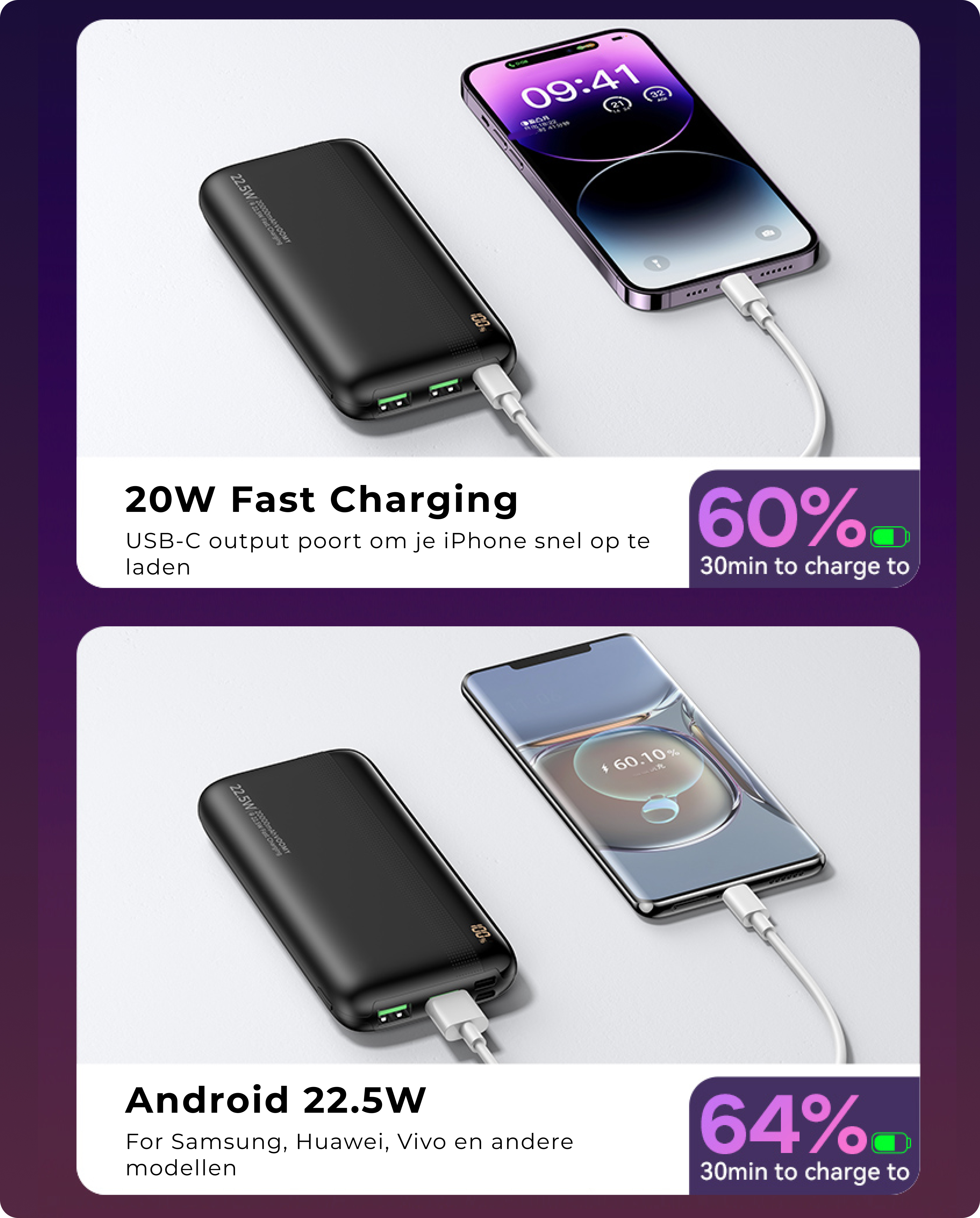 Zwei Telefone, die mit Powerbanks geladen werden. Eines zeigt 60 % Ladung, das andere 64 %. Text zeigt Ladedetails.