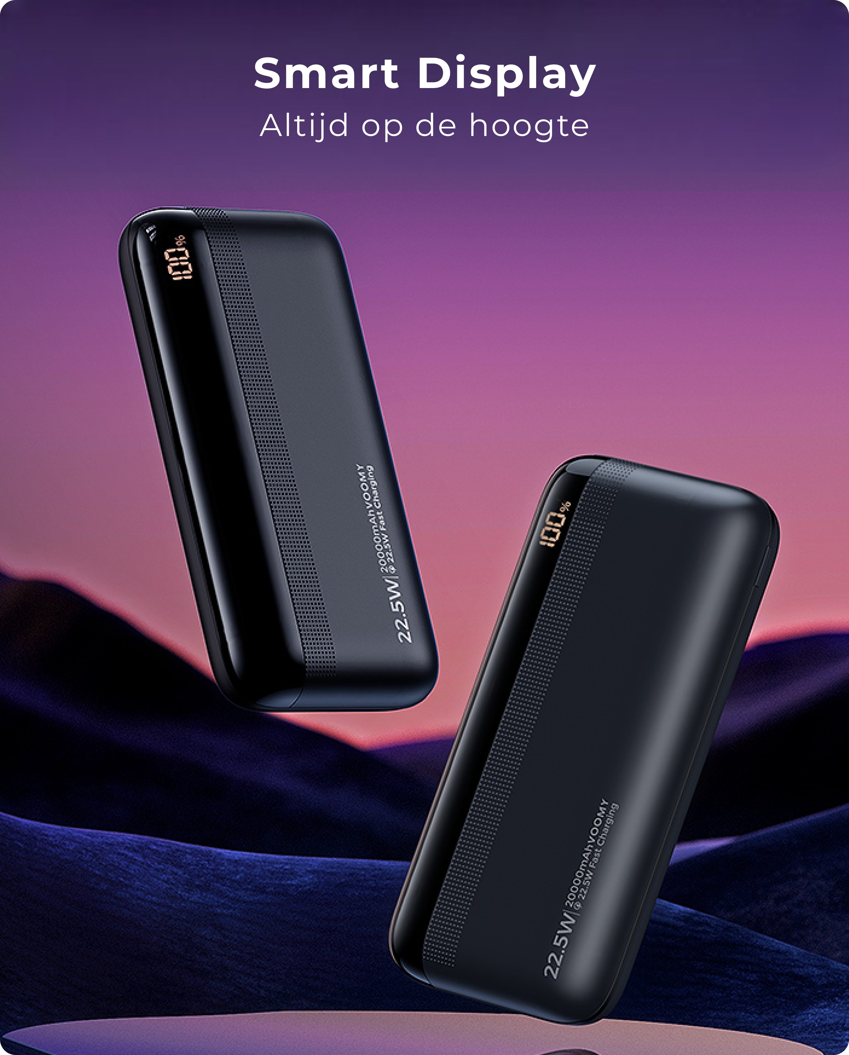 Zwei schwarze Powerbanks mit 100 % Anzeige, vor einem lila Farbverlauf schwebend.