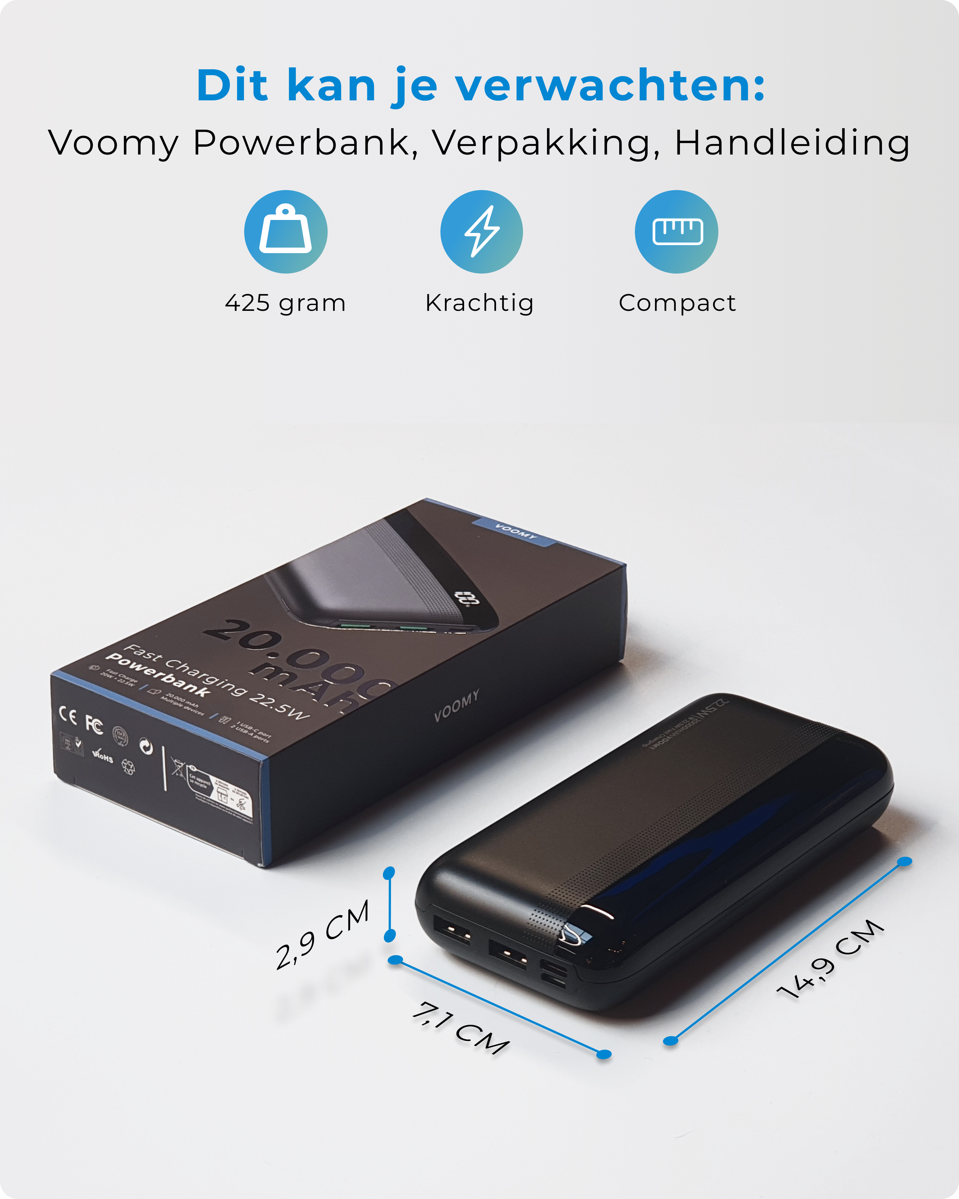 Schwarze Powerbank und Box mit Maßen. Text zeigt Gewicht, Leistung und kompaktes Design.