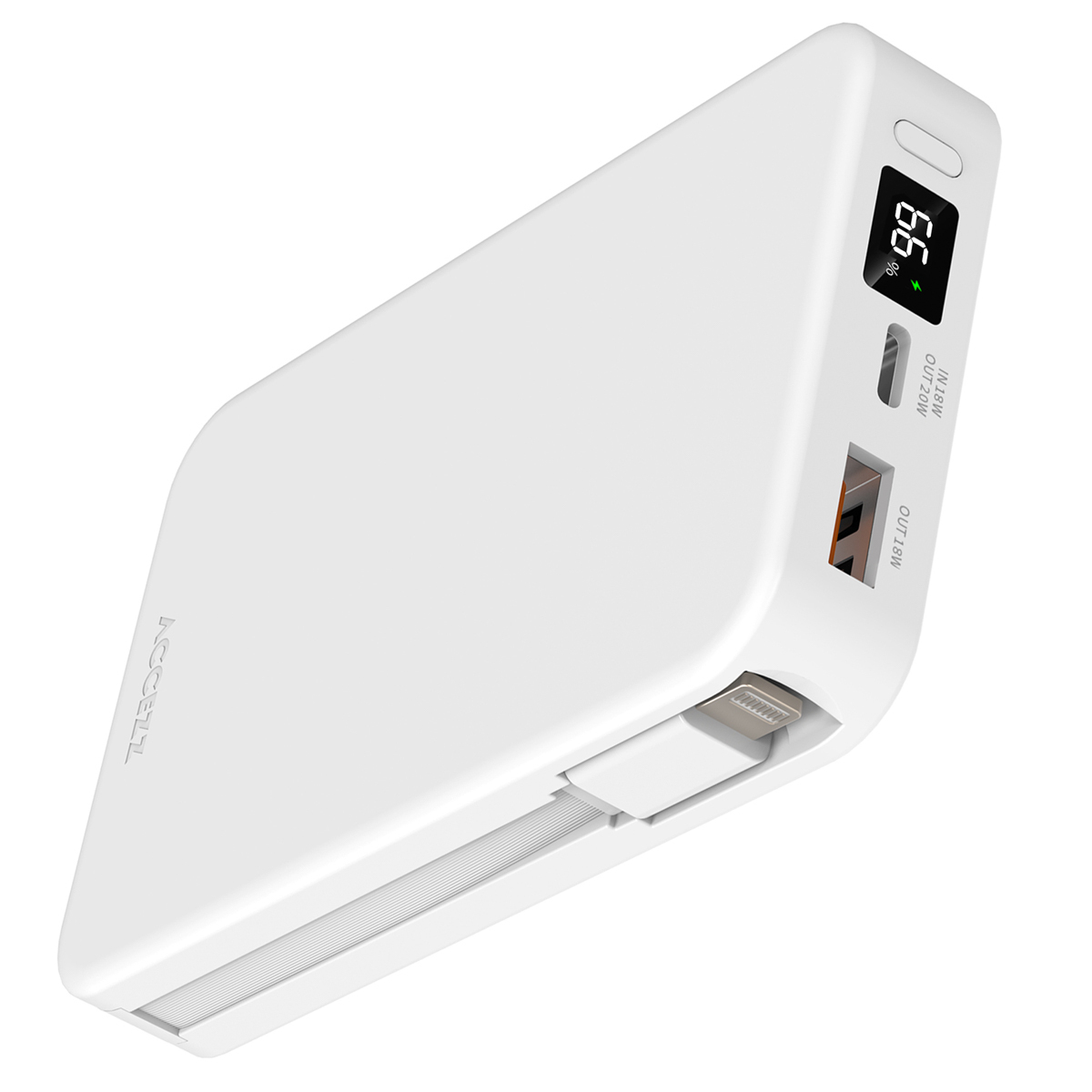 Eine weiße Powerbank mit digitaler Anzeige von 99%. Sie hat zwei Ausgangsanschlüsse und ein Lightning-Kabel.