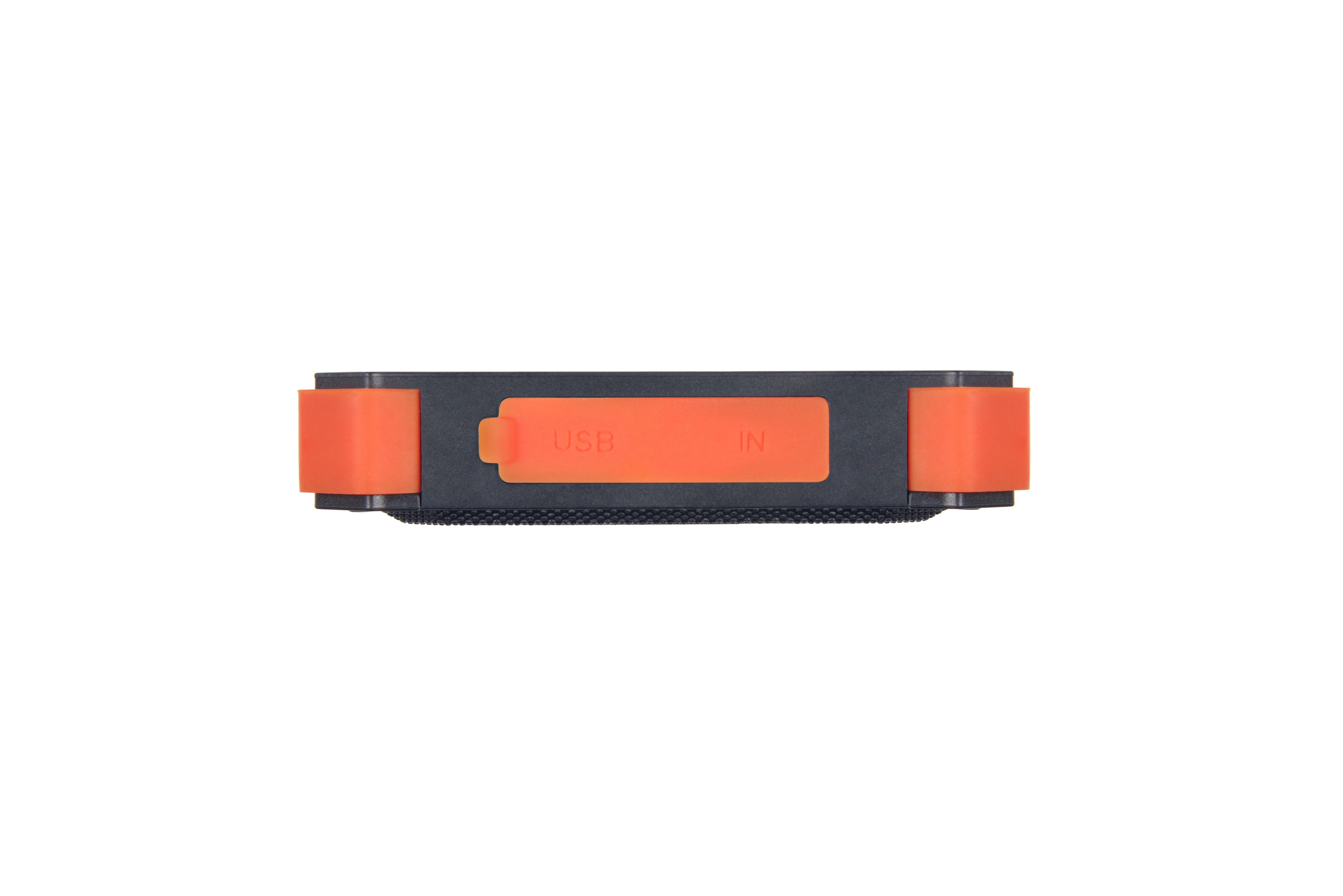 Un altoparlante rettangolare nero e arancione. La parte superiore ha pannelli arancioni con 'USB' e 'IN'. Lo sfondo è bianco.
