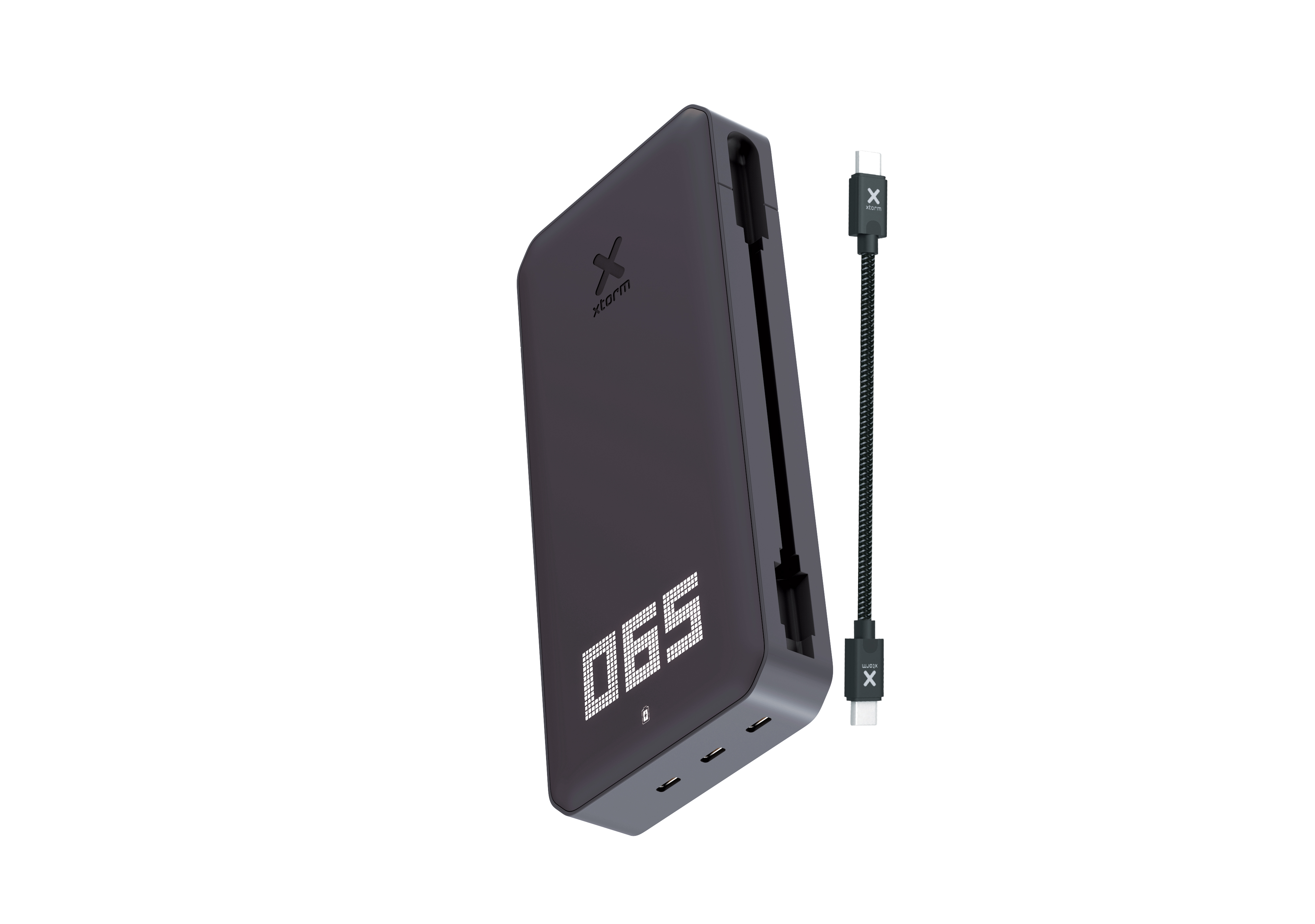 Dunkelgraue Powerbank mit angeschlossenem Kabel. Die Bank zeigt '065'. Das Kabel hat ein schwarz-weißes Streifenmuster.