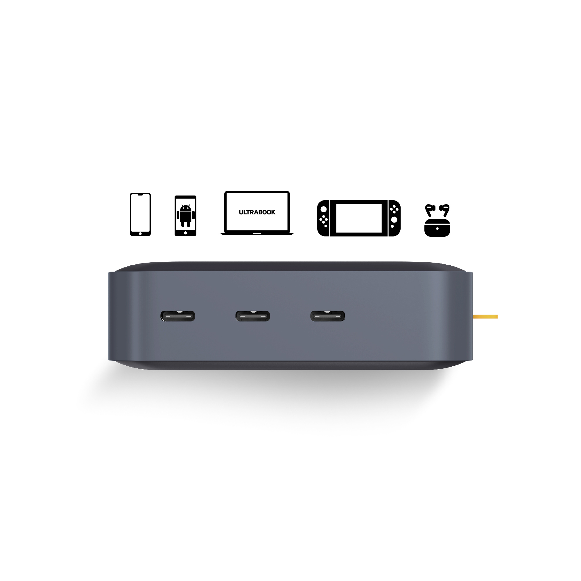 Grauer Hub mit Anschlüssen, Symbole von Geräten darüber: Telefon, Android, Laptop, Switch und Ohrhörer, auf weißem Grund.