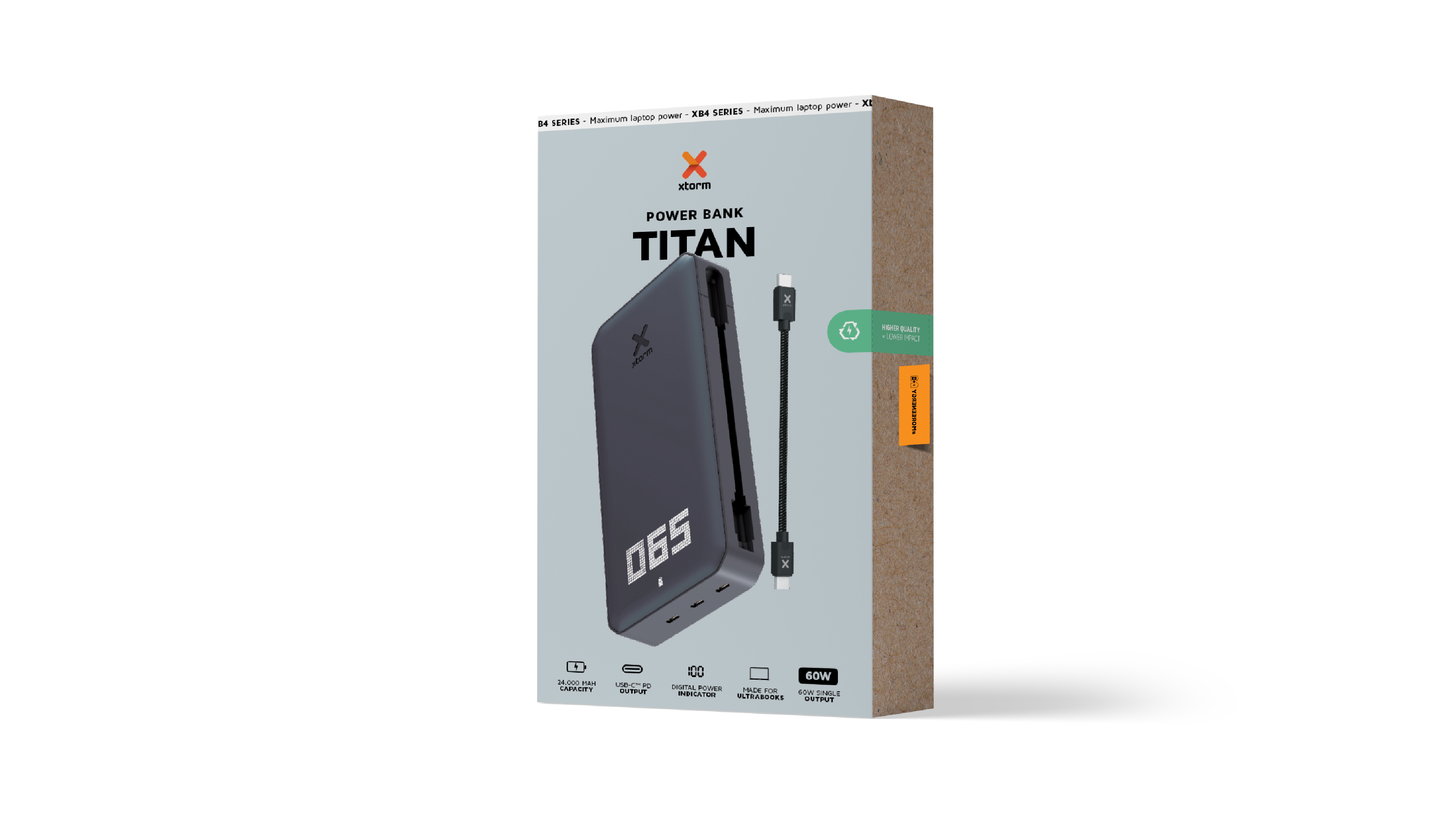 Eine Powerbank-Box mit einer Powerbank und einem Kabel. Die Box ist weiß und grau mit Text und Logos.