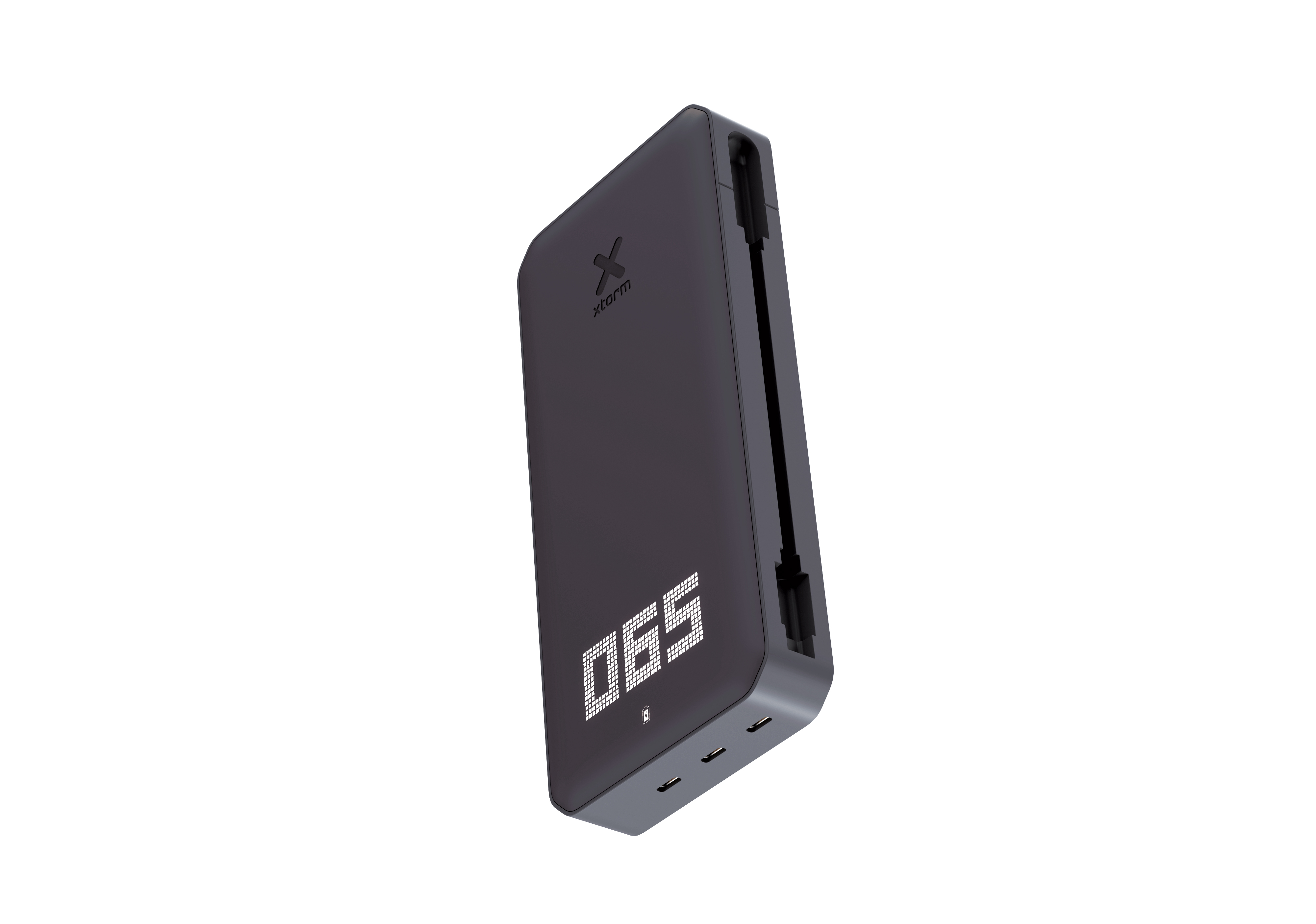 Eine dunkelgraue Powerbank. Sie hat ein digitales Display mit der Anzeige '065'. Der Markenname 'x-storm' ist sichtbar.