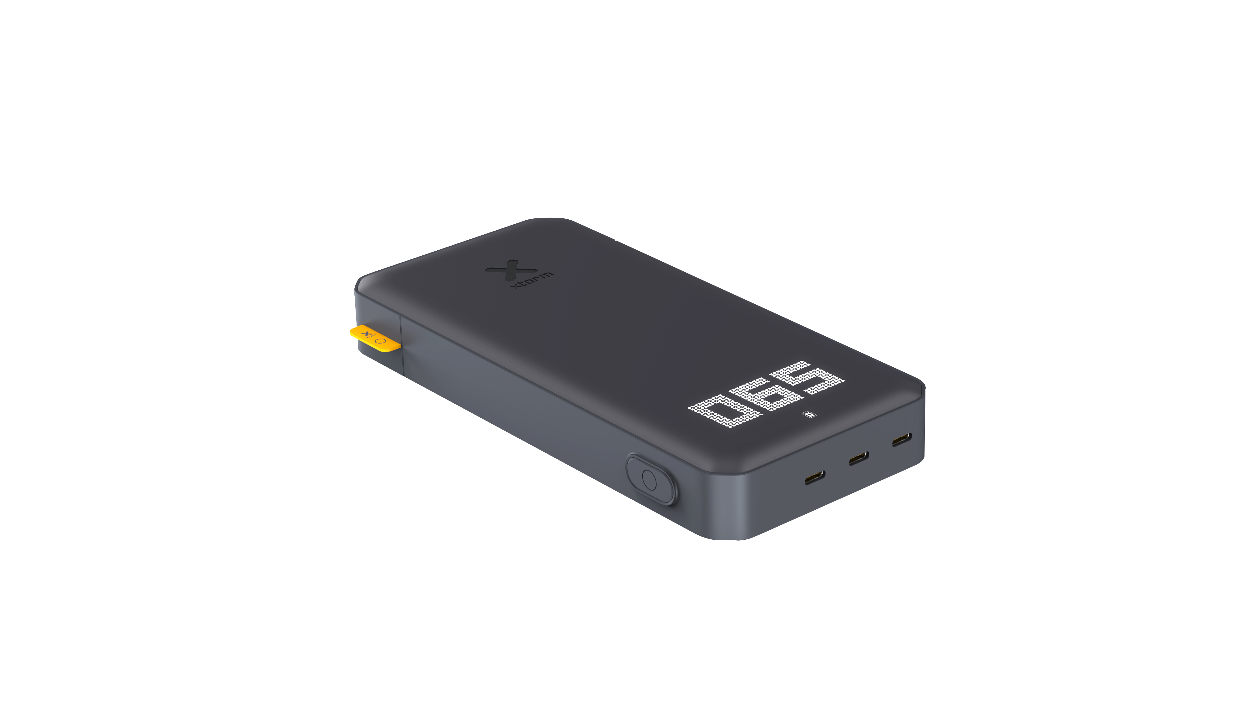 Dunkelgraue Powerbank mit Digitalanzeige '065'. Sie hat einen orangefarbenen Zuglasche und eine Taste. Isoliert auf Weiß.