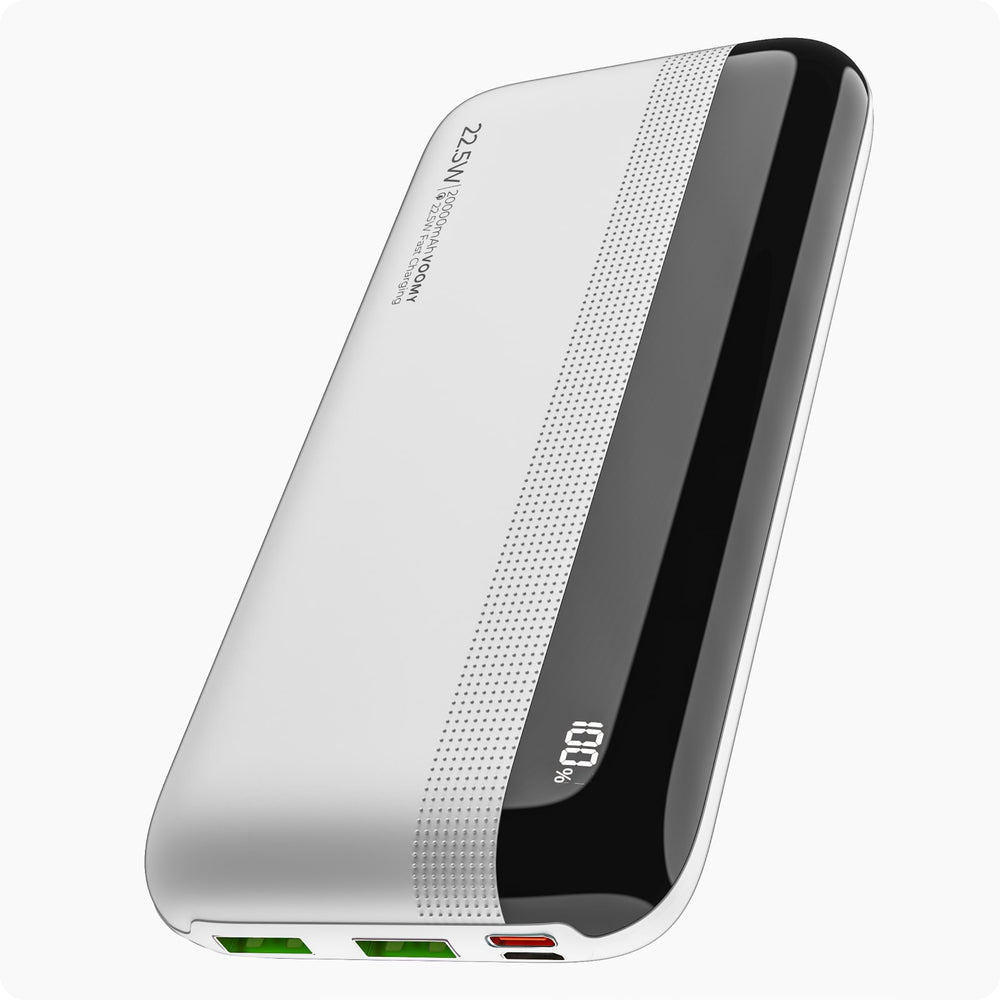 Weiß-schwarze Powerbank mit 100 % Anzeige. Merkmale: 22,5 W, 20000 mAh und Schnellladung.