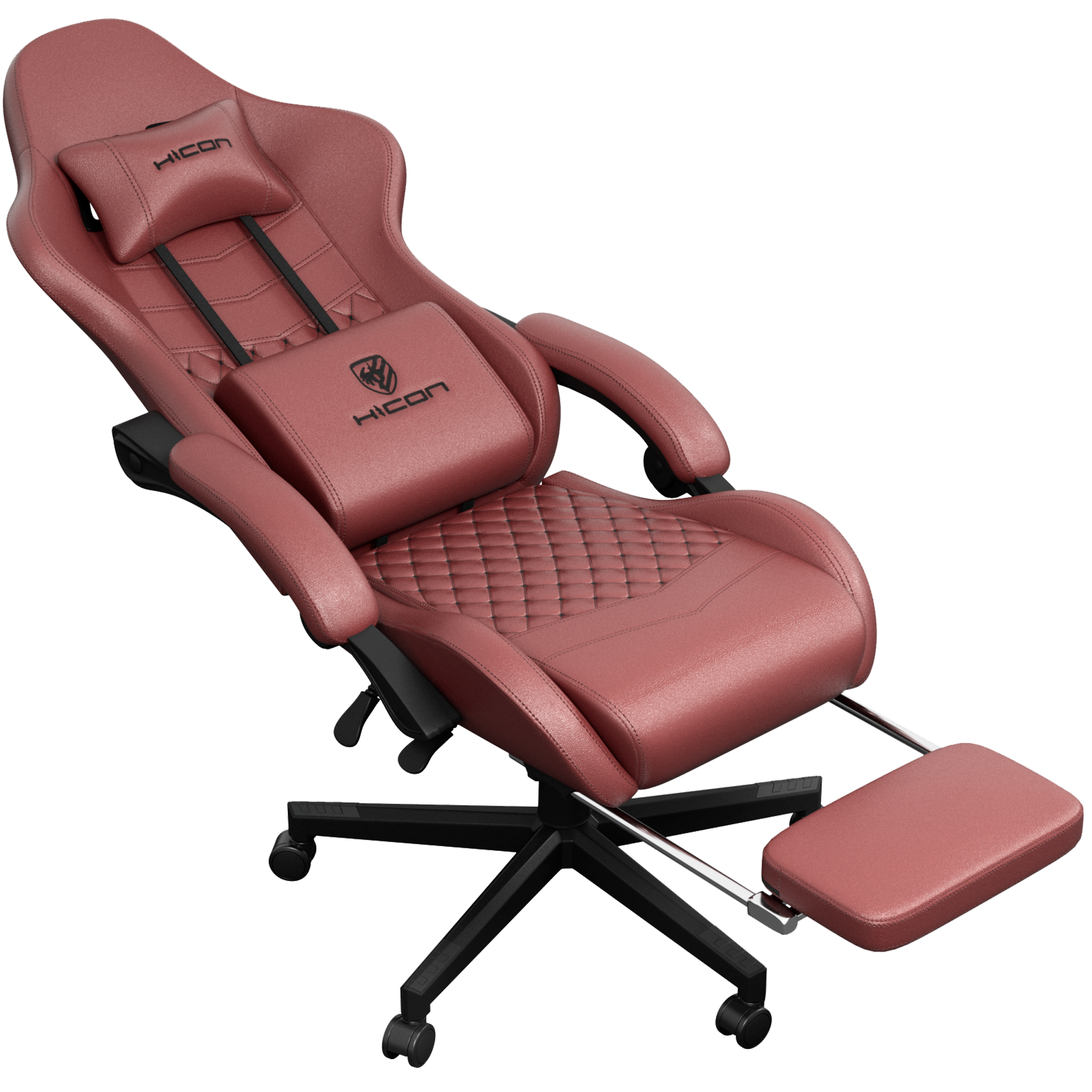 Une chaise de jeu rouge avec repose-pieds. Elle a un appui-tête et un coussin lombaire. Elle a une base et des accoudoirs noirs.