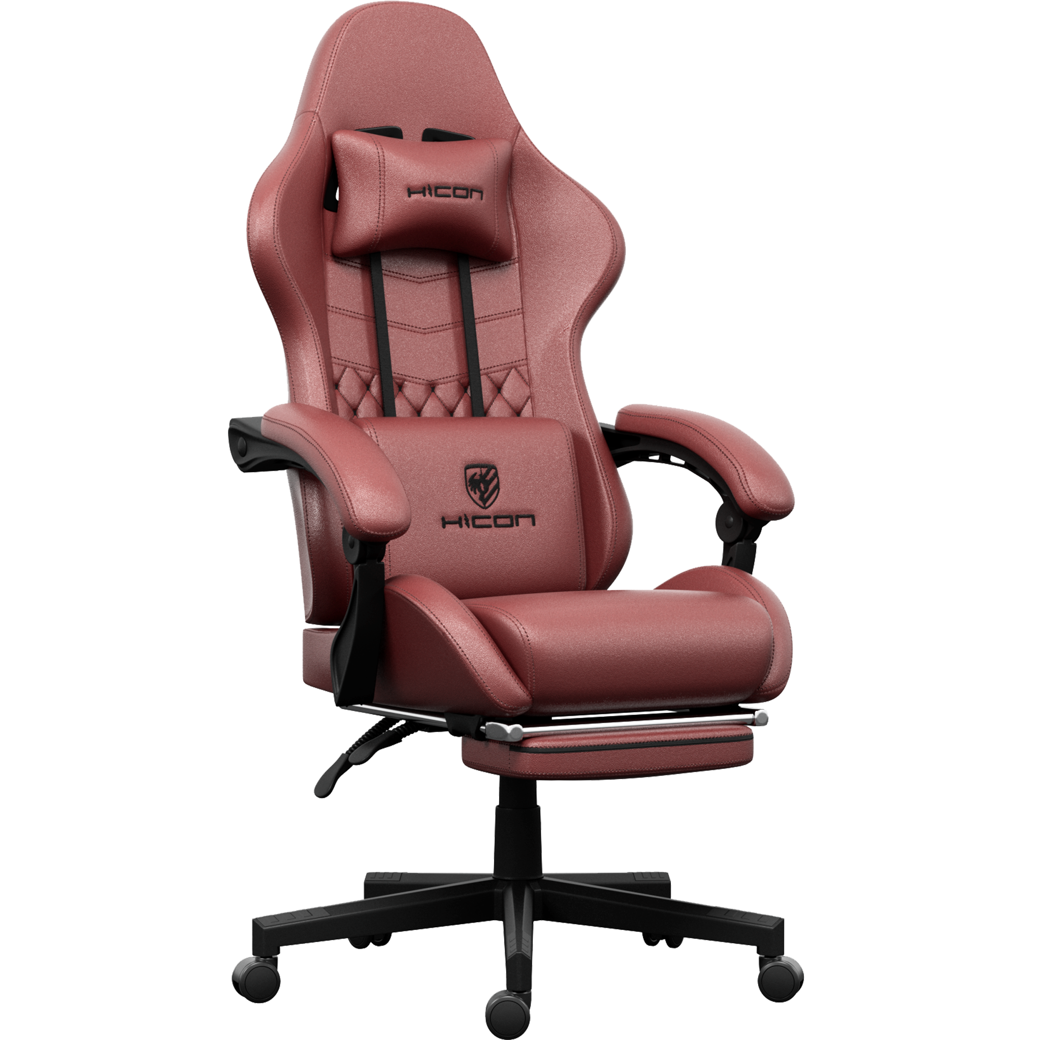Un fauteuil de jeu rouge avec un appuie-tête, un dossier, des accoudoirs et un repose-pieds. La chaise a des accents noirs et une base noire.