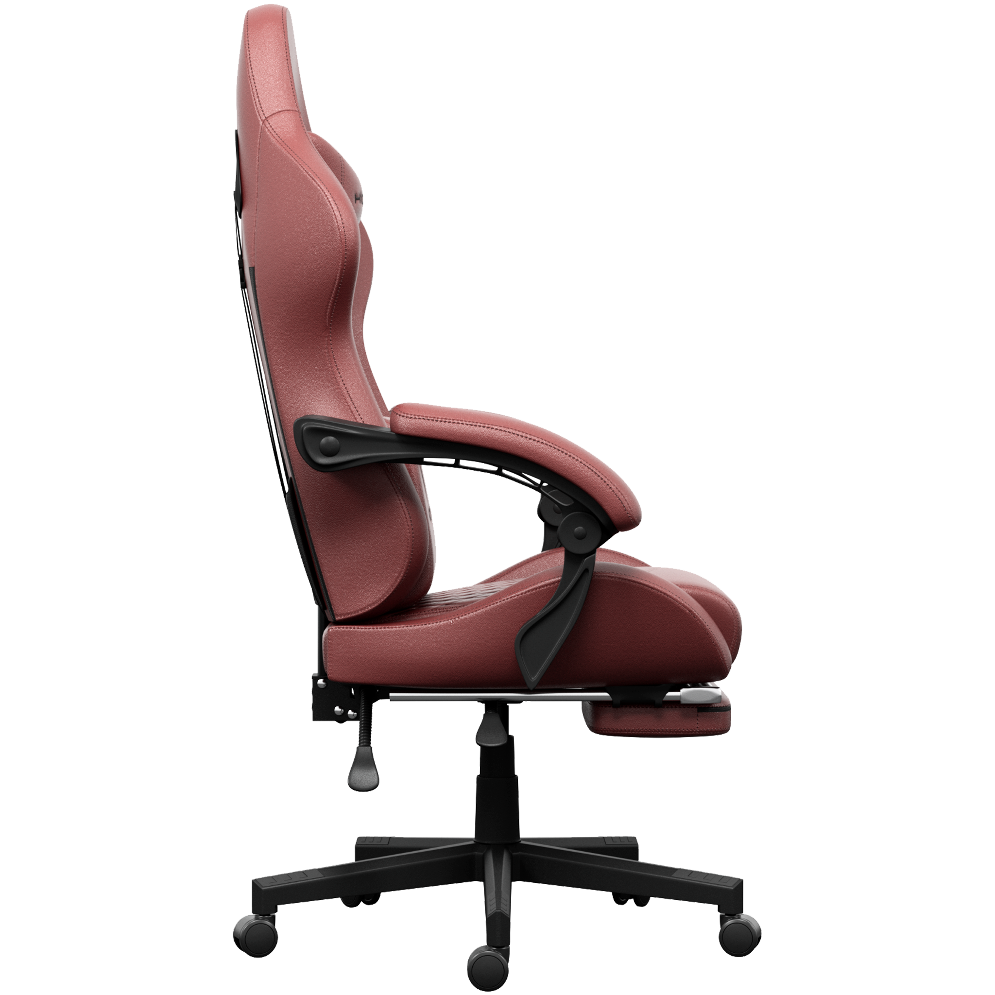 Une chaise de jeu rouge avec des accents noirs. Elle a un dossier haut, des accoudoirs, un repose-pieds et une base à cinq roues.