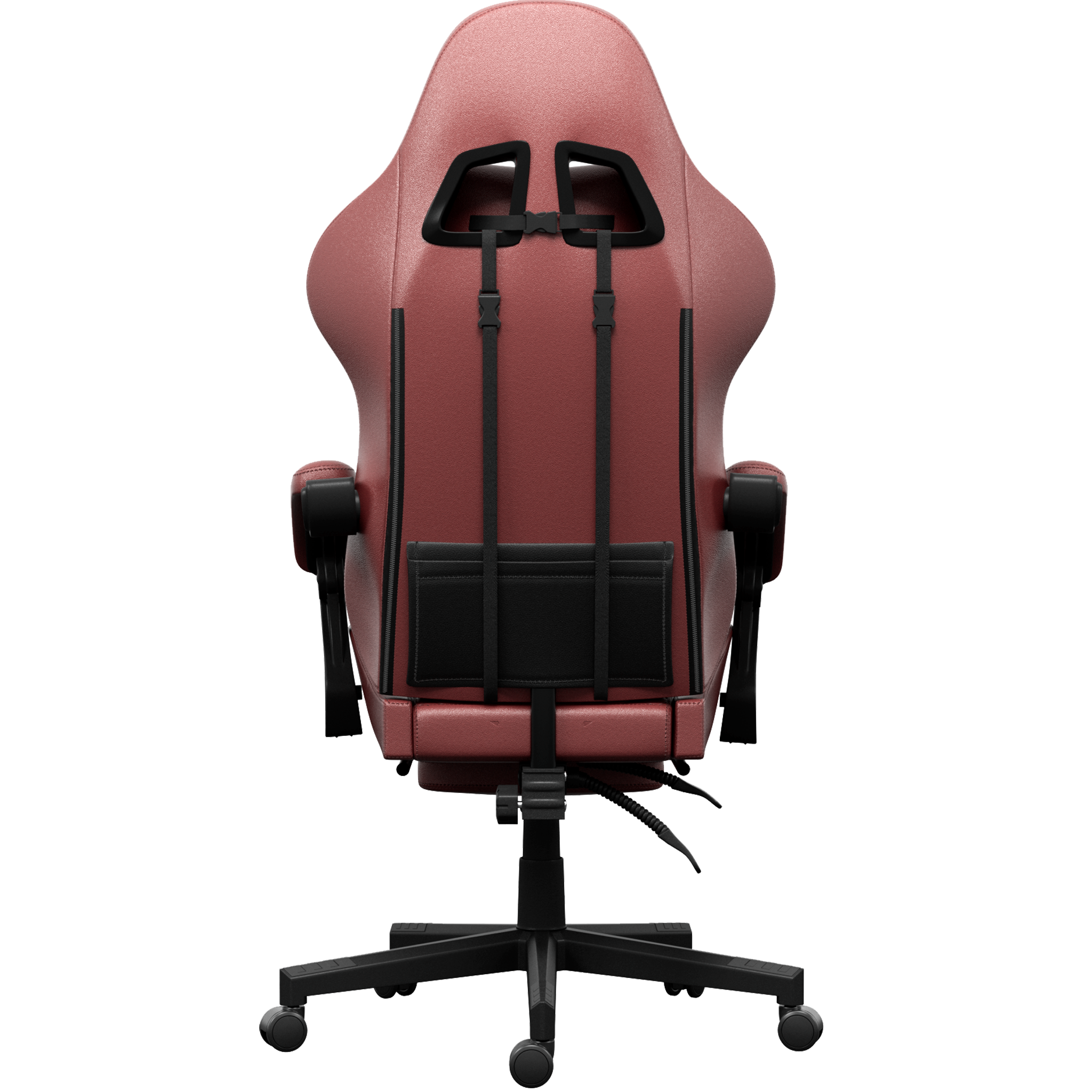 Vue arrière d'une chaise de jeu rouge et noire. Elle a un dossier haut, des accoudoirs et une base noire avec des roues.