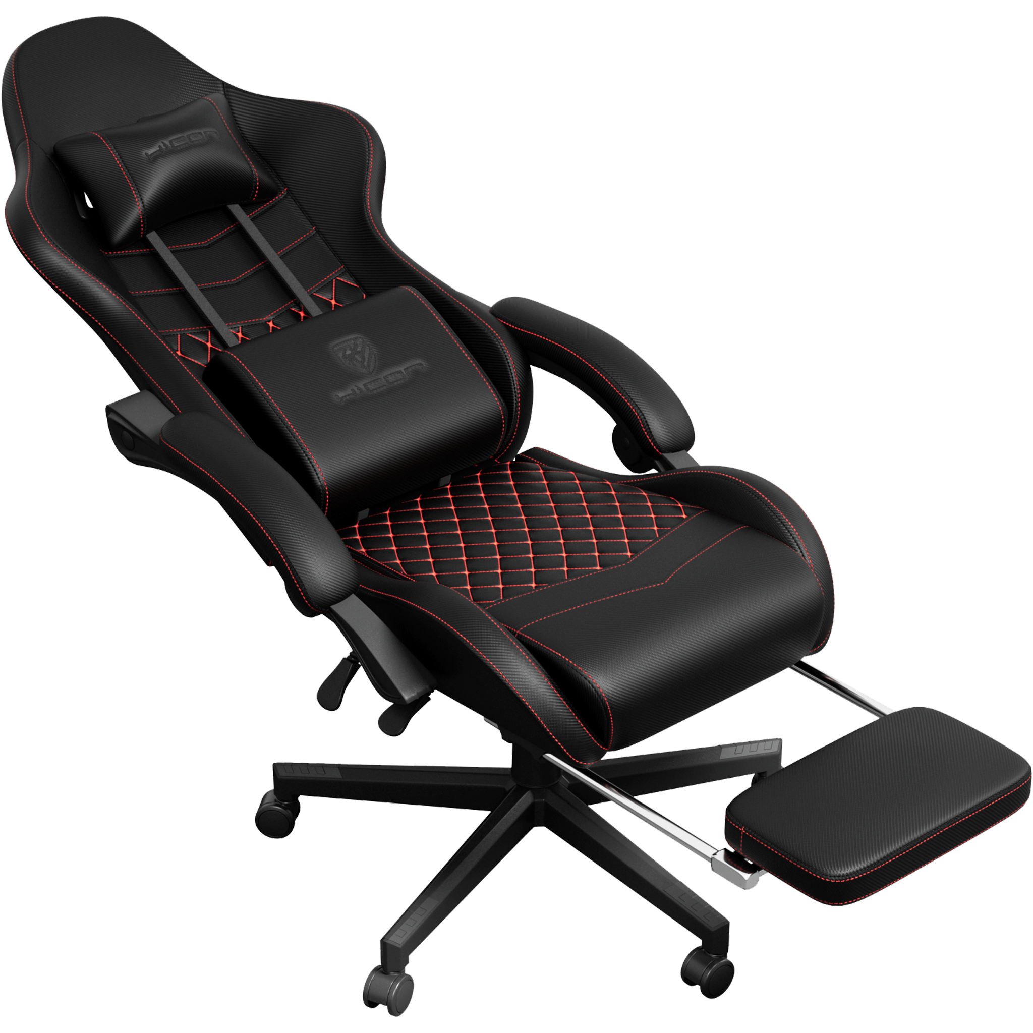 Chaise gaming noire avec coutures et accents rouges, repose-pieds étendu. La chaise a un appui-tête et un logo.