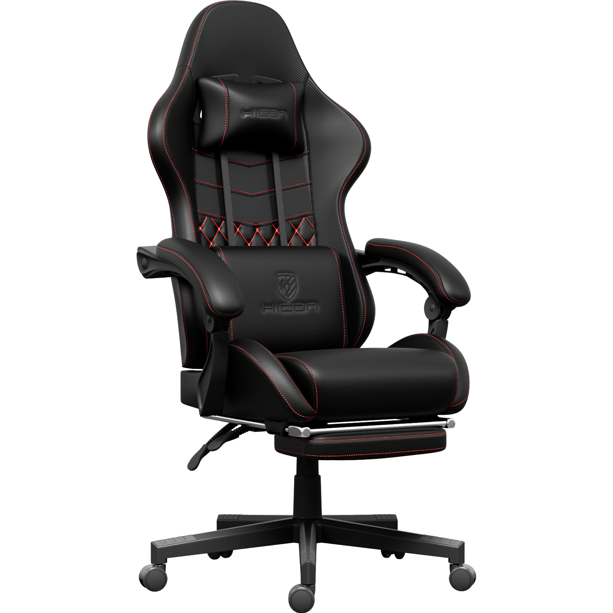 Chaise de jeu noire avec surpiqûres rouges. Dispose d'un appui-tête, d'un soutien lombaire, d'accoudoirs et d'un repose-pieds.
