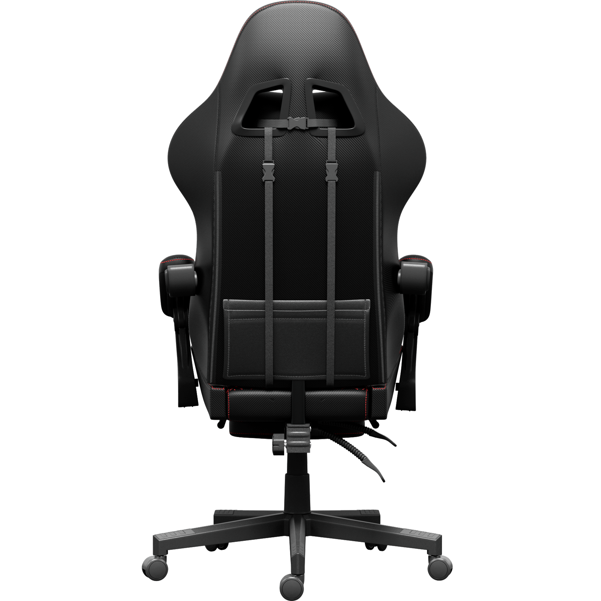 Chaise gaming noire. Coutures rouges, support lombaire, base à cinq roues. Vue arrière.