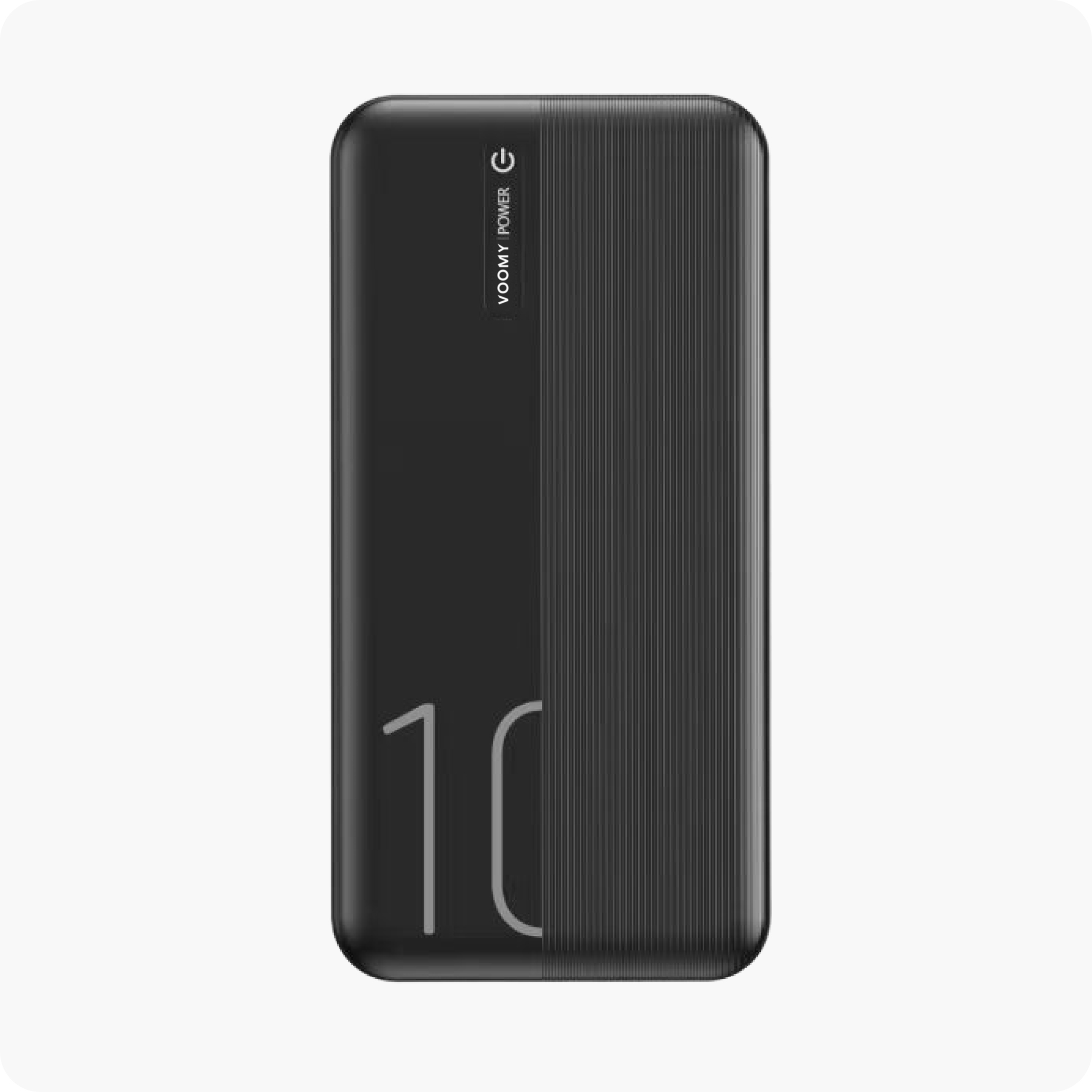 Un power bank nero con la scritta 'VOOMY POWER' e '10' è visualizzato su sfondo bianco.