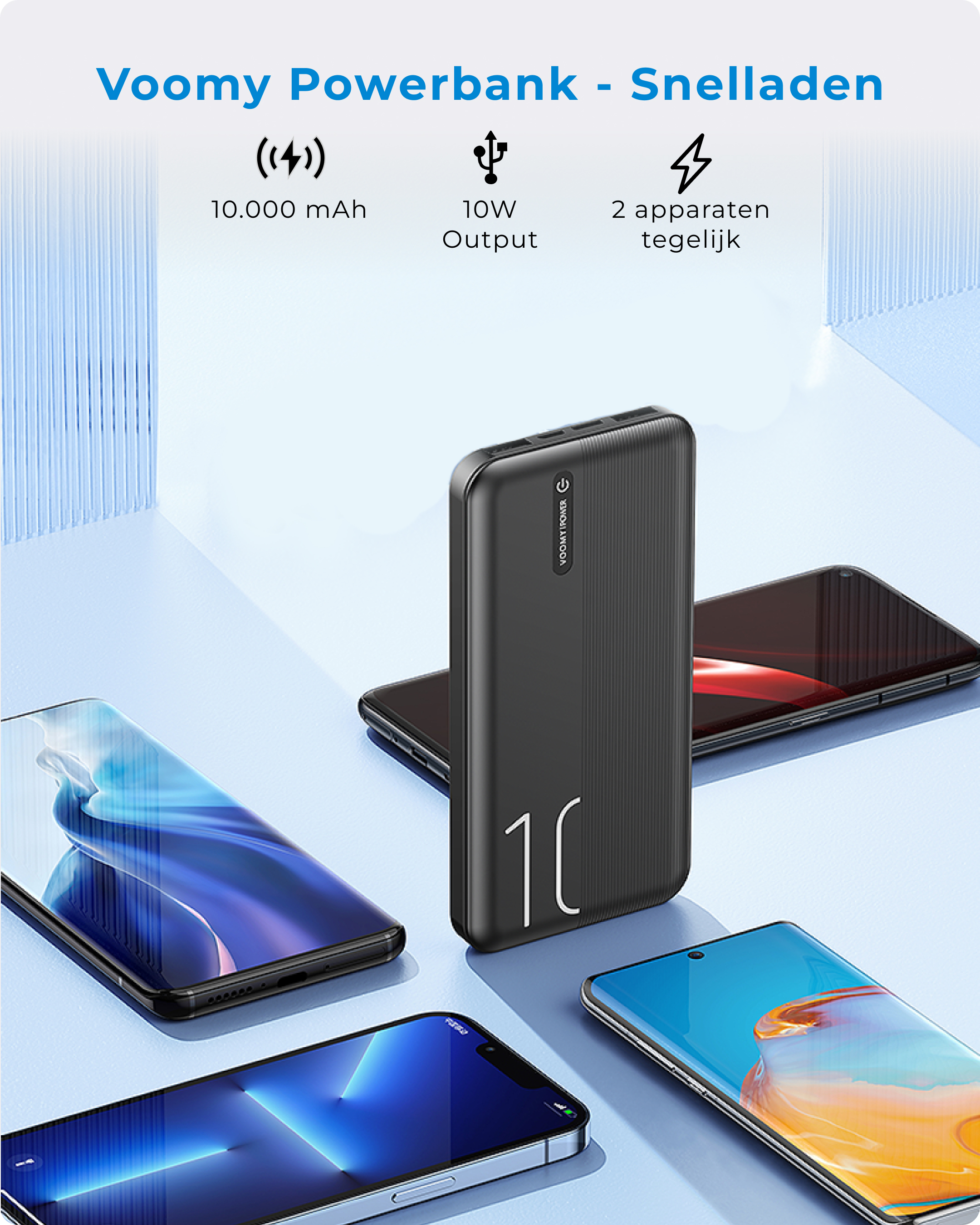 Un power bank nero tra telefoni. Ha '10' sopra. Specifiche: 10.000 mAh, uscita 10W e 2 dispositivi contemporaneamente.