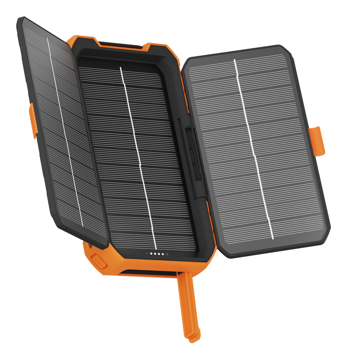 Ein orangefarbenes und schwarzes Solarpanel-Ladegerät mit drei offenen Paneelen. Die Paneele haben ein Rastermuster. Das Ladegerät hat einen Ständer.