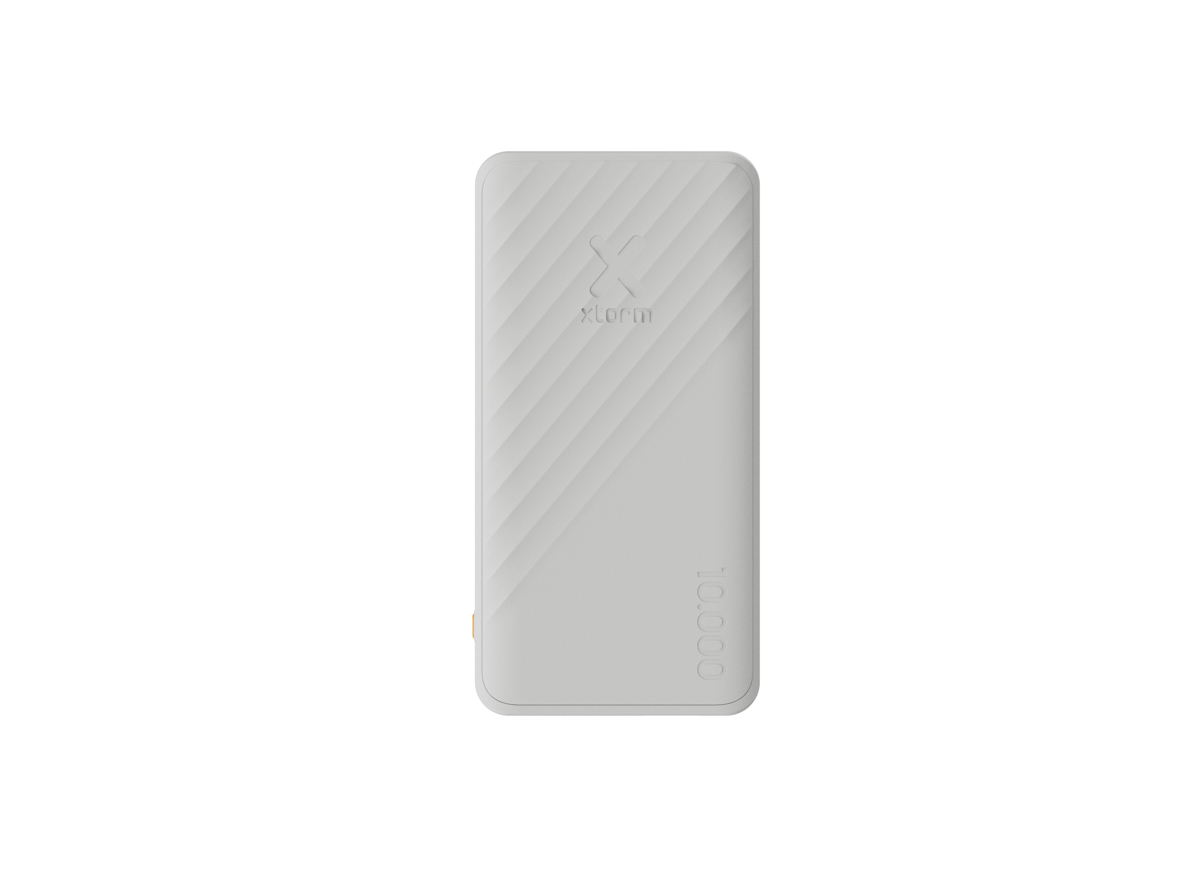 Une batterie externe blanche avec la marque 'xLorm' et une capacité de 10 000. Elle a des lignes diagonales.