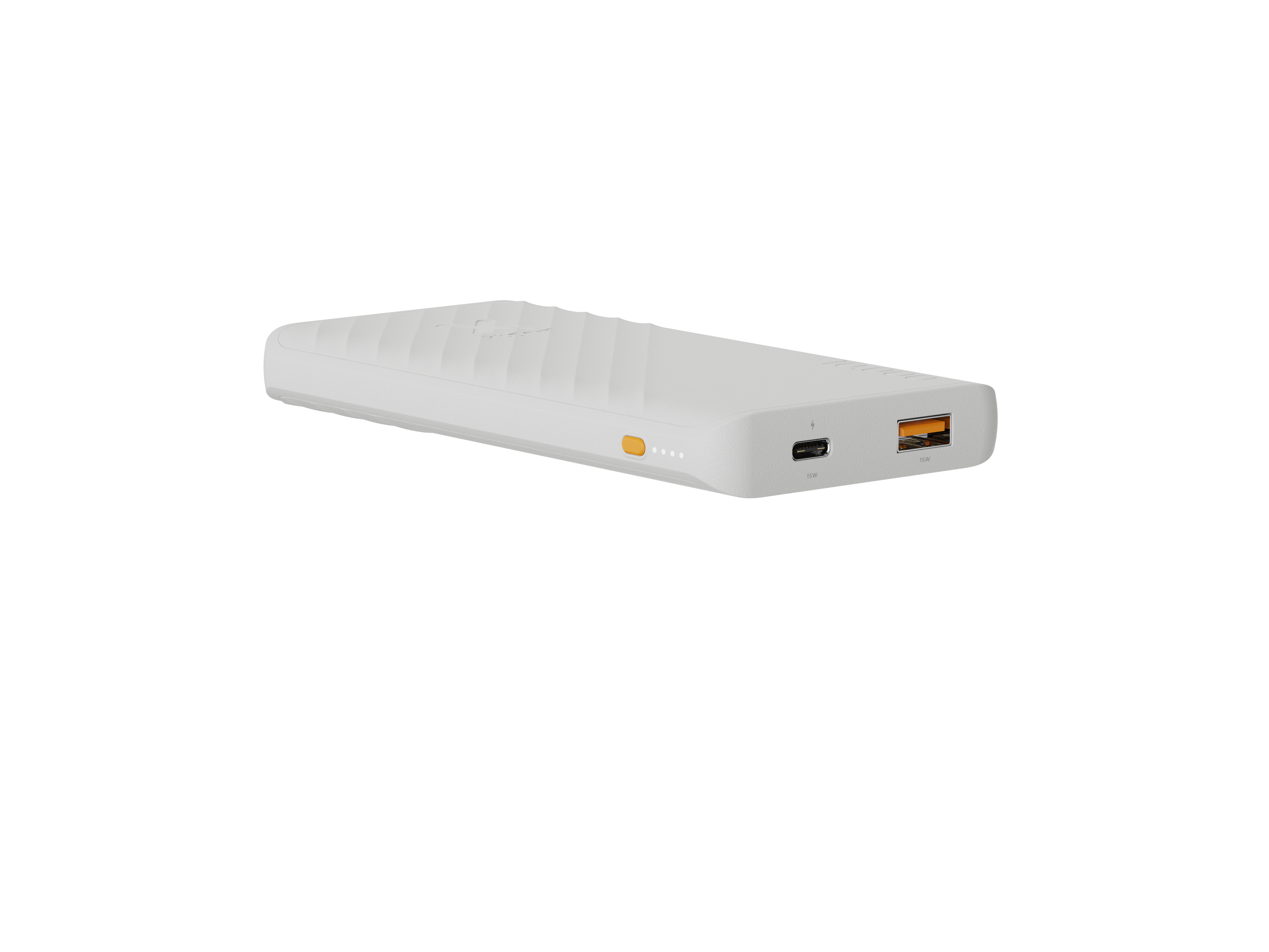 Une batterie externe blanche avec des accents orange, des ports et un indicateur, sur fond blanc.